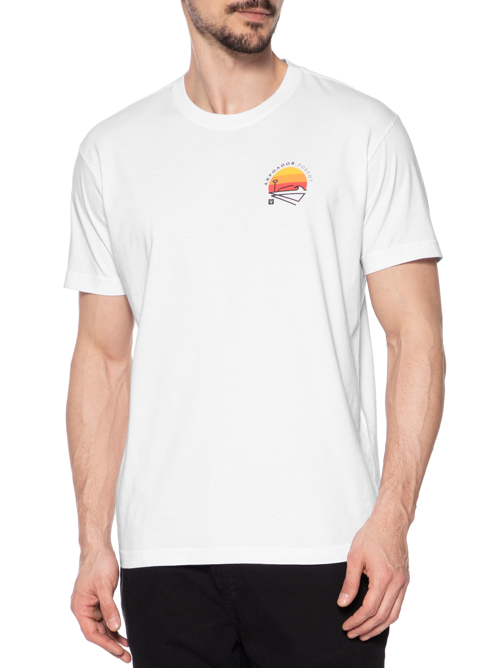 Camiseta Masculina Manga Curta Gola Careca Vintage Arpoador Patch Branco Osklen