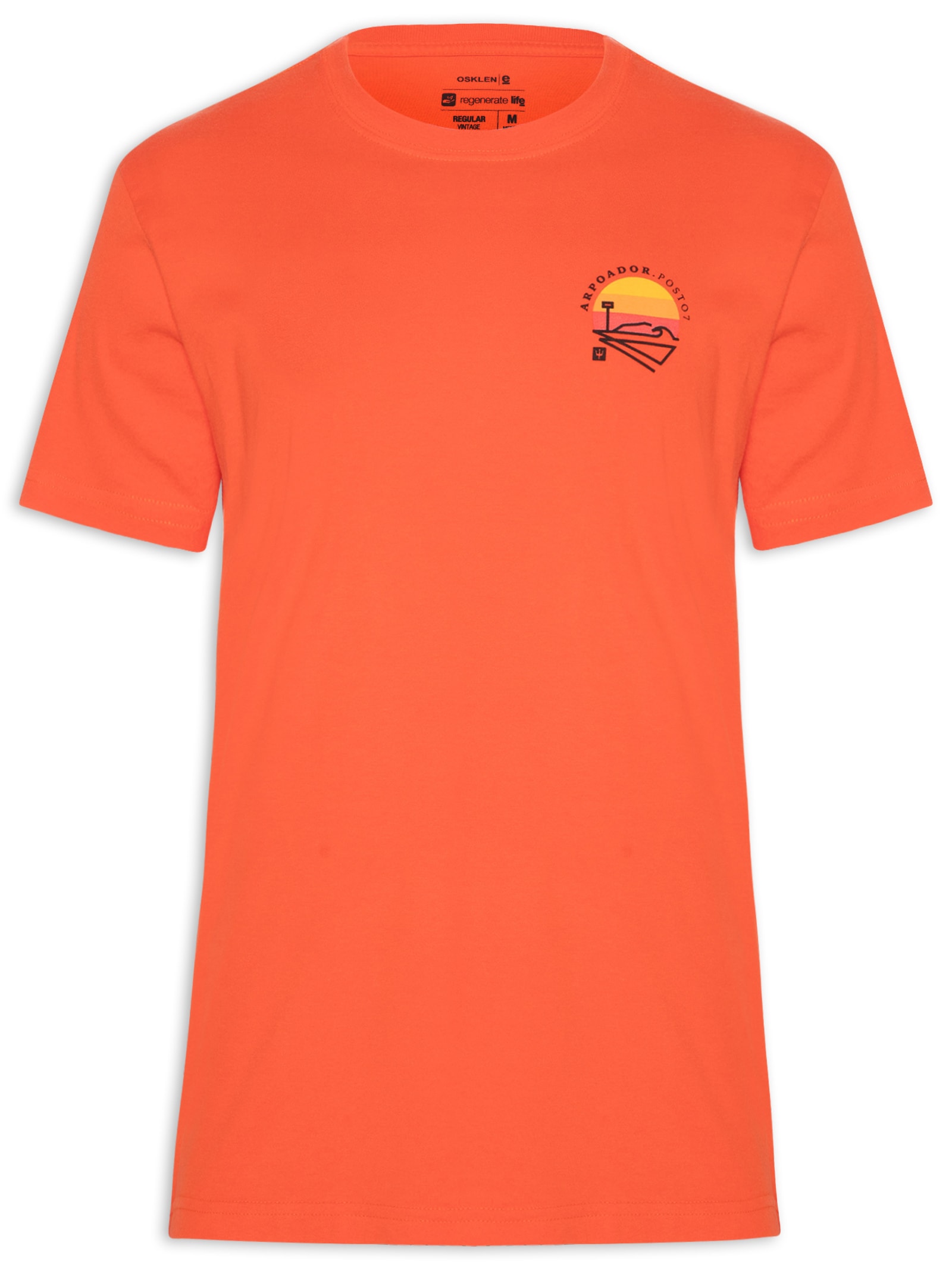 Camiseta Masculina Manga Curta Gola Careca Vintage Arpoador Patch Laranja Osklen