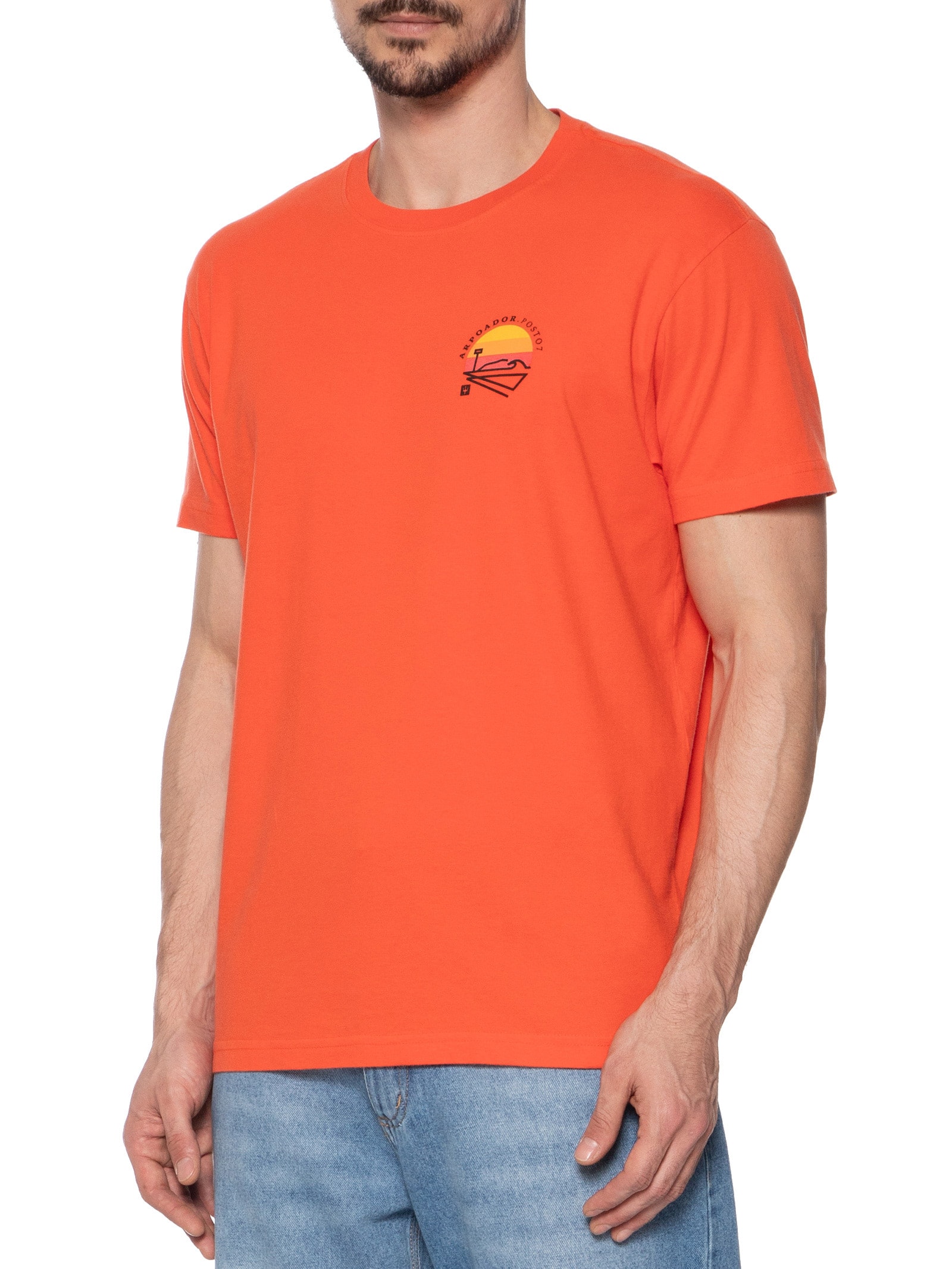 Camiseta Masculina Manga Curta Gola Careca Vintage Arpoador Patch Laranja Osklen