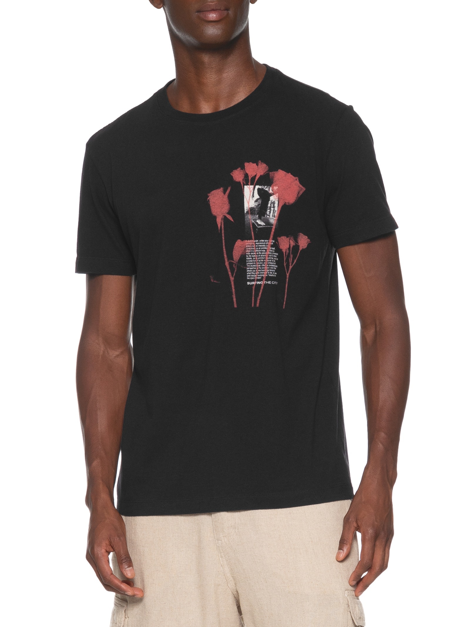 Camiseta Masculina Manga Curta Gola Careca Vintage City Rose Preto Osklen