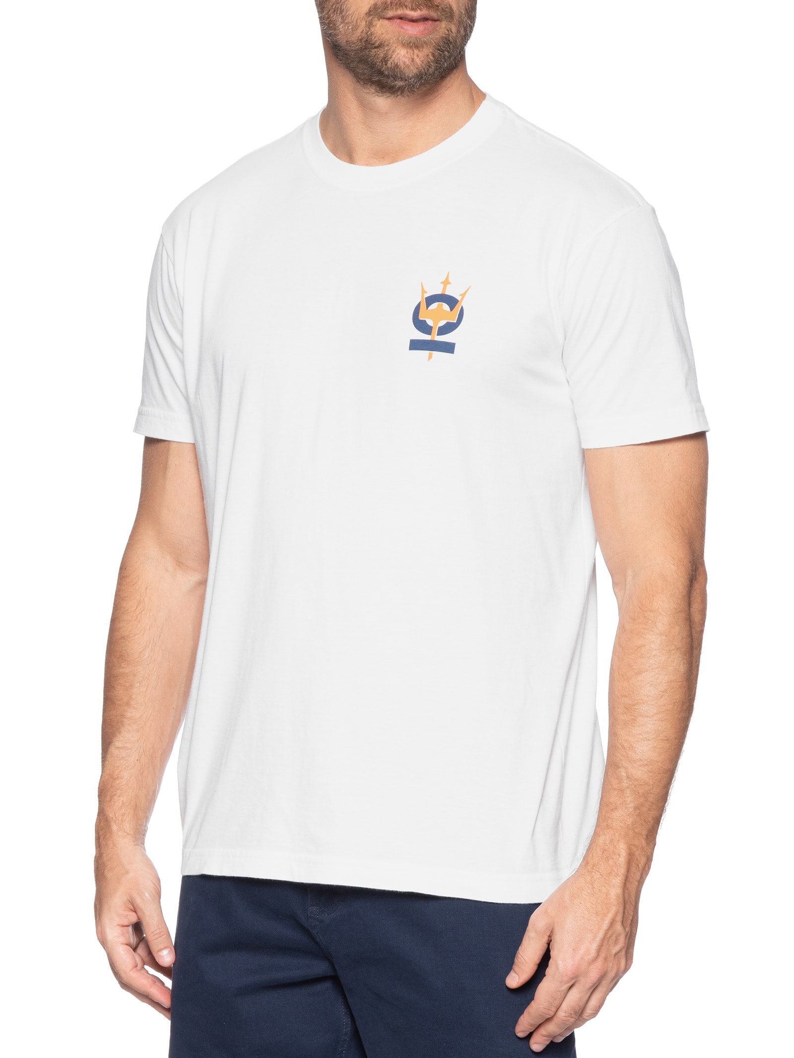 Camiseta Masculina Manga Curta Gola Careca Vintage Tridente Oceans  Branco Osklen