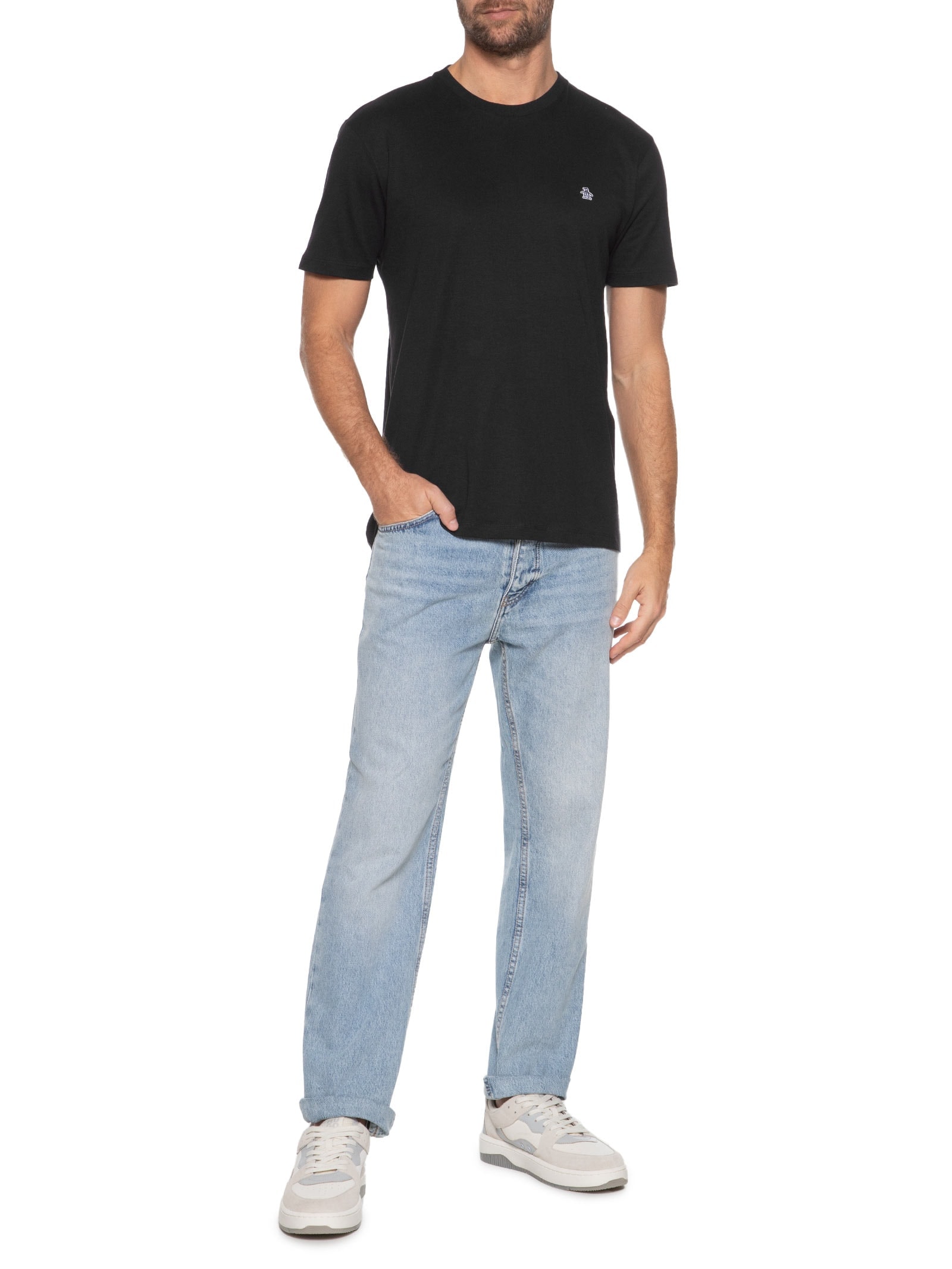 Camiseta Masculina Manga Curta Interloque Lisa Patch Preto Original Penguin