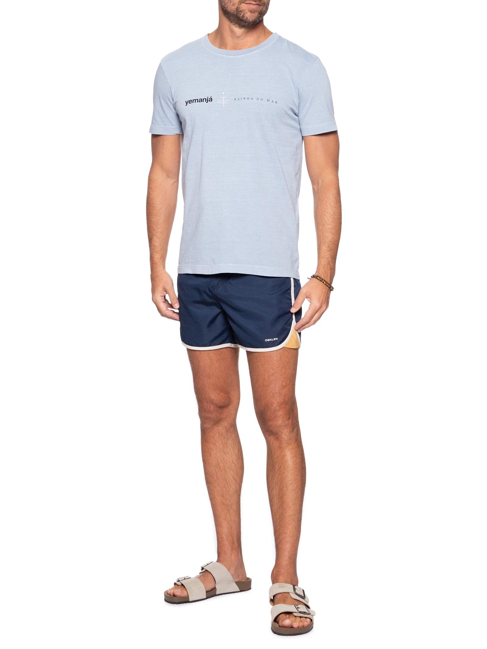 Camiseta Masculina Manga Curta Slim Stone Rainha Do Mar Azul Osklen