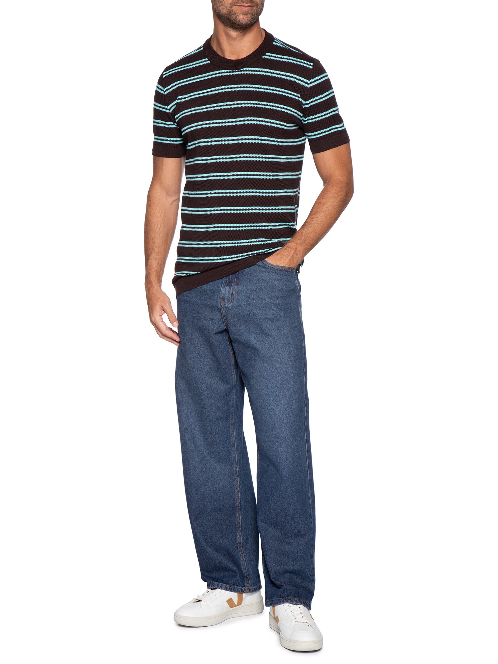 Camiseta Masculina Manga Curta Tricot Listra Urca Marrom Foxton