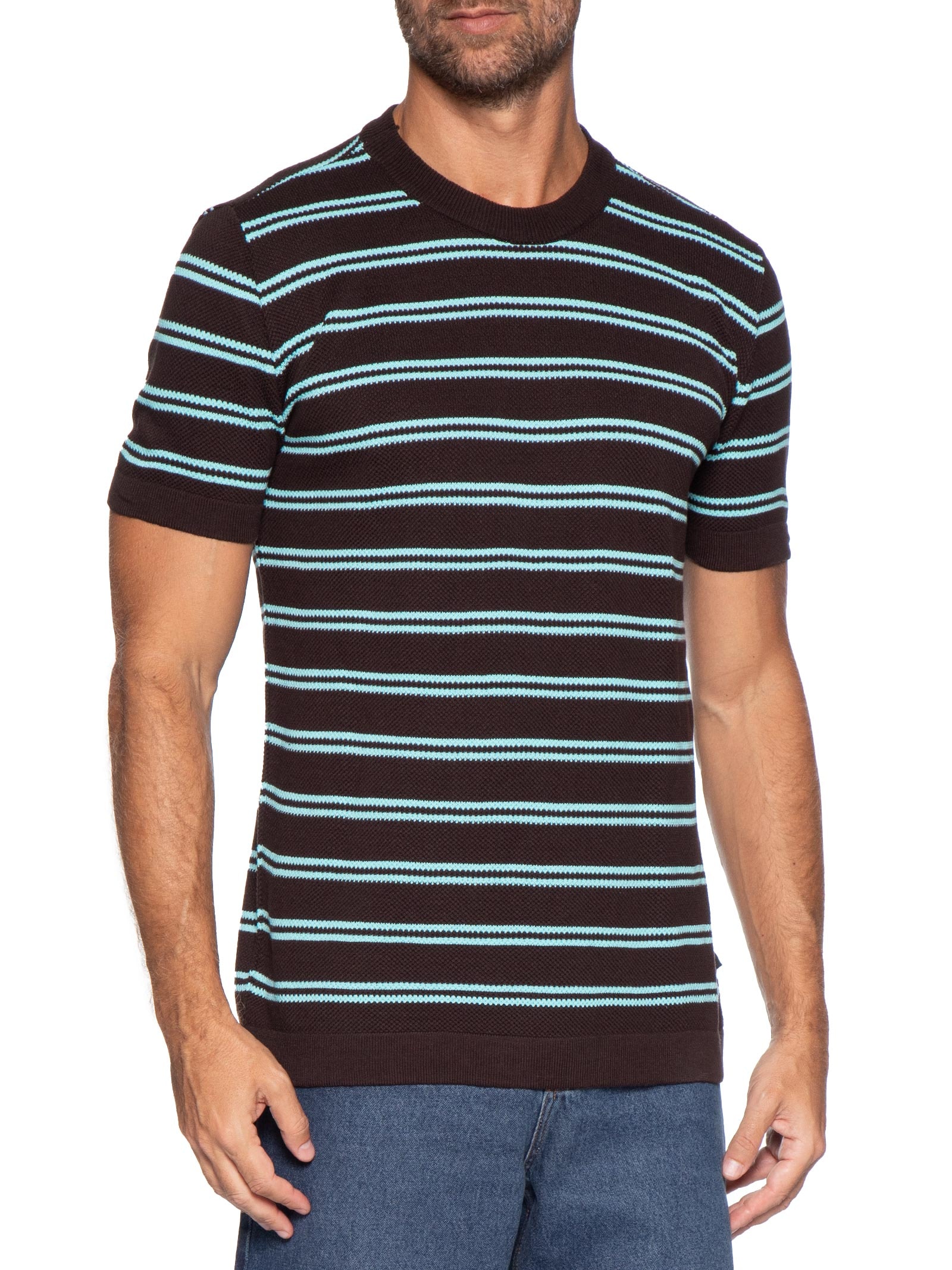 Camiseta Masculina Manga Curta Tricot Listra Urca Marrom Foxton