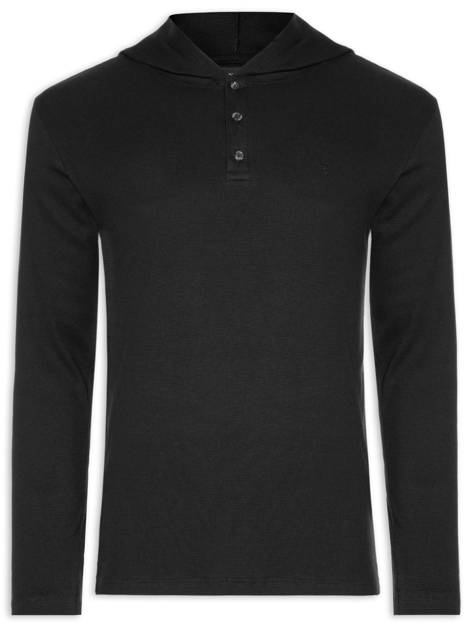 Camiseta Masculina Manga Longa Henley Capuz Preto Sergio K