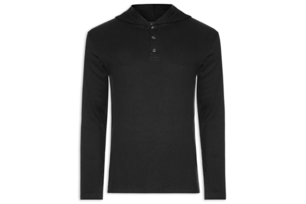 Camiseta Masculina Manga Longa Henley Capuz - Preto