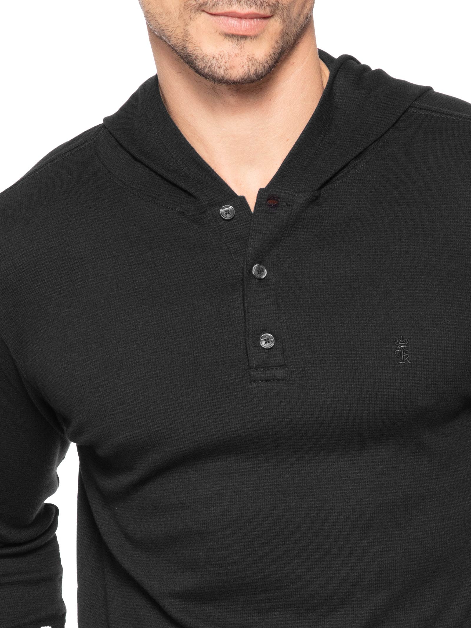 Camiseta Masculina Manga Longa Henley Capuz Preto Sergio K