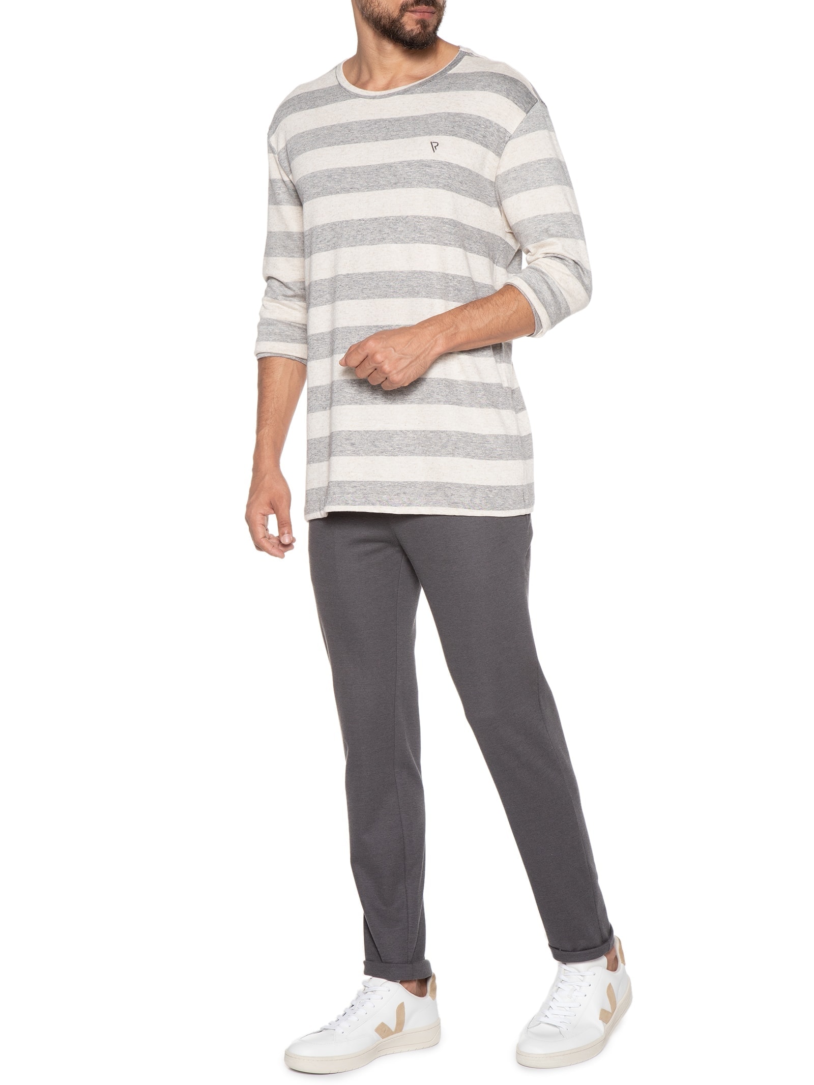 Camiseta Masculina Manga Longa Listrado Breeze Semi Cinza Vr