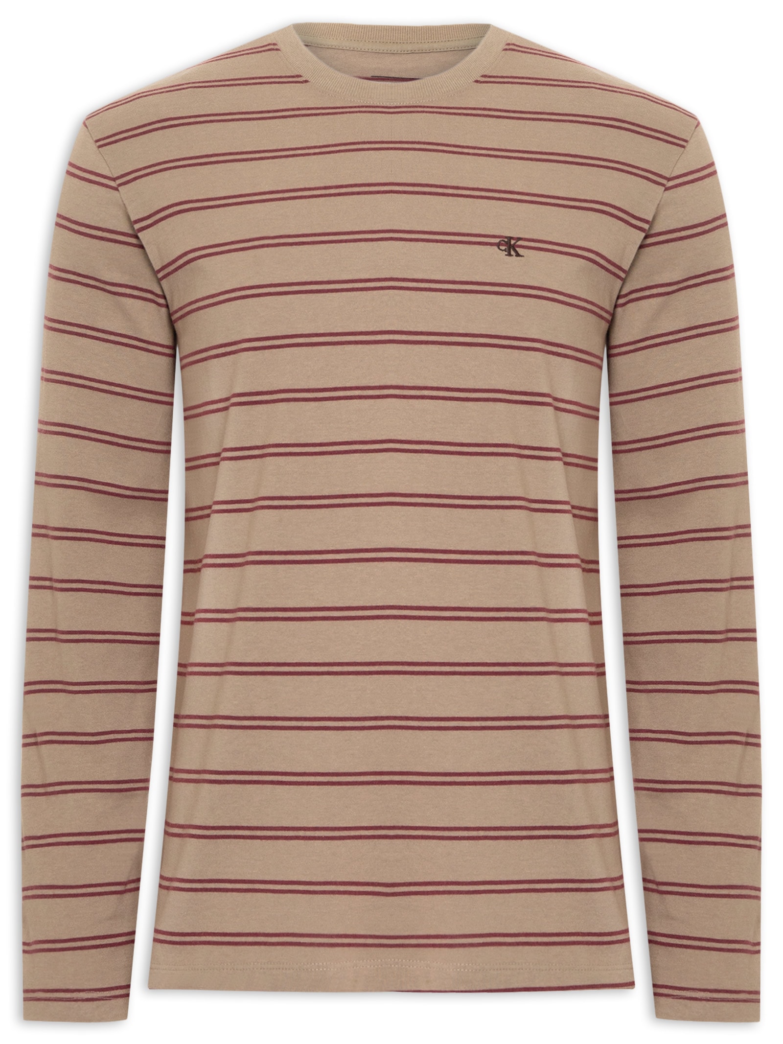 Camiseta Masculina Manga Longa Malhão Listrado Bege Calvin Klein Jeans