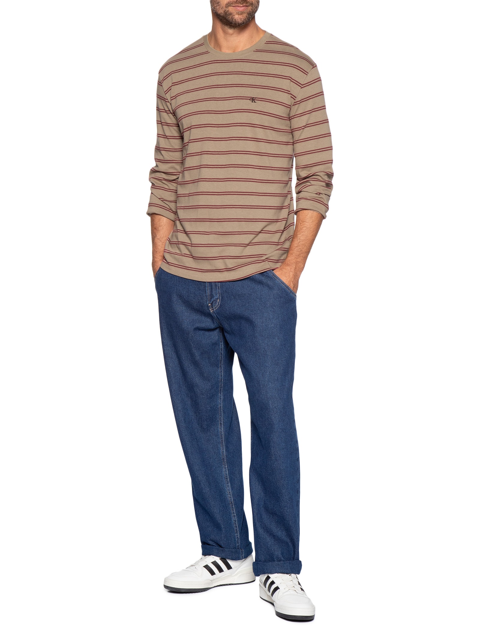 Camiseta Masculina Manga Longa Malhão Listrado Bege Calvin Klein Jeans