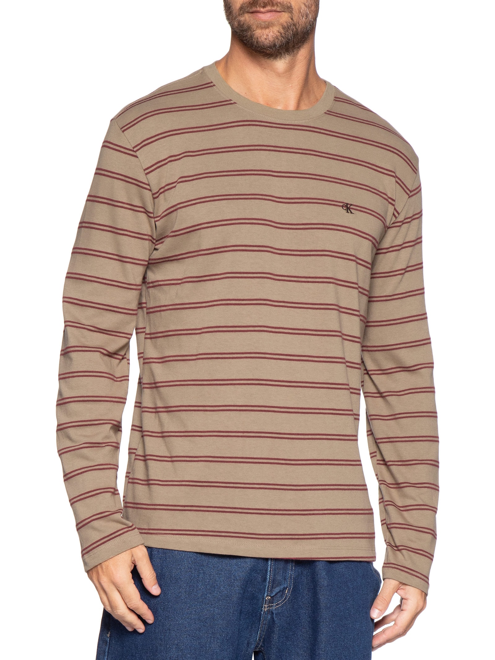 Camiseta Masculina Manga Longa Malhão Listrado Bege Calvin Klein Jeans