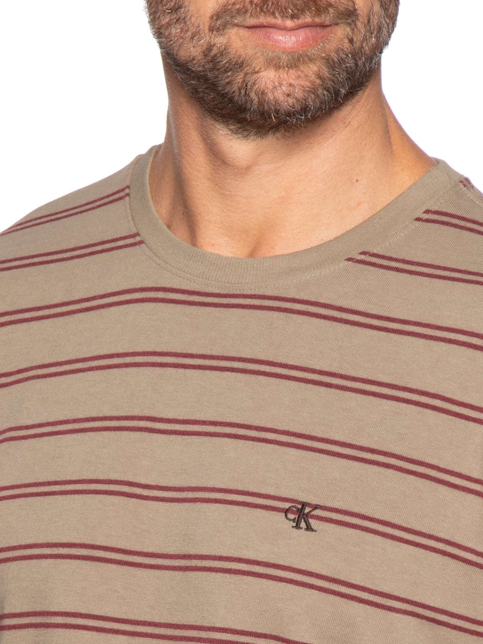 Camiseta Masculina Manga Longa Malhão Listrado Bege Calvin Klein Jeans