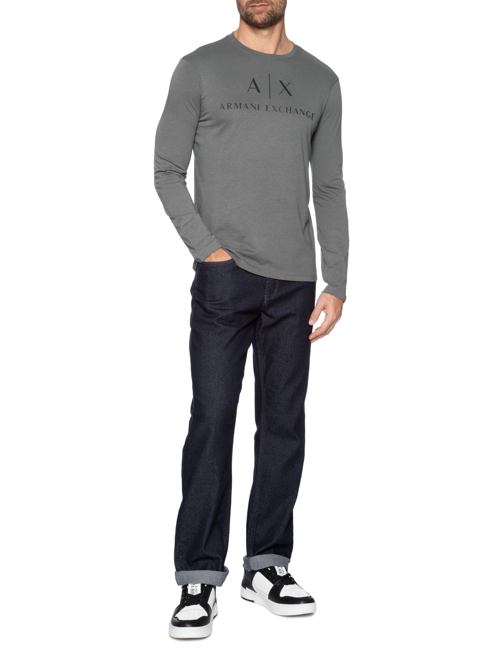 Armani Exchange - Camiseta Masculina Manga Longa Slim Fit - Cinza