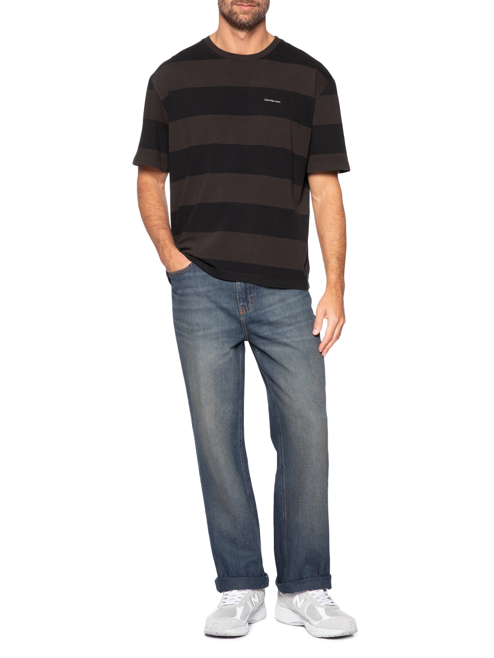 Camiseta Masculina Manga Rugby Listrada Marrom Calvin Klein Jeans