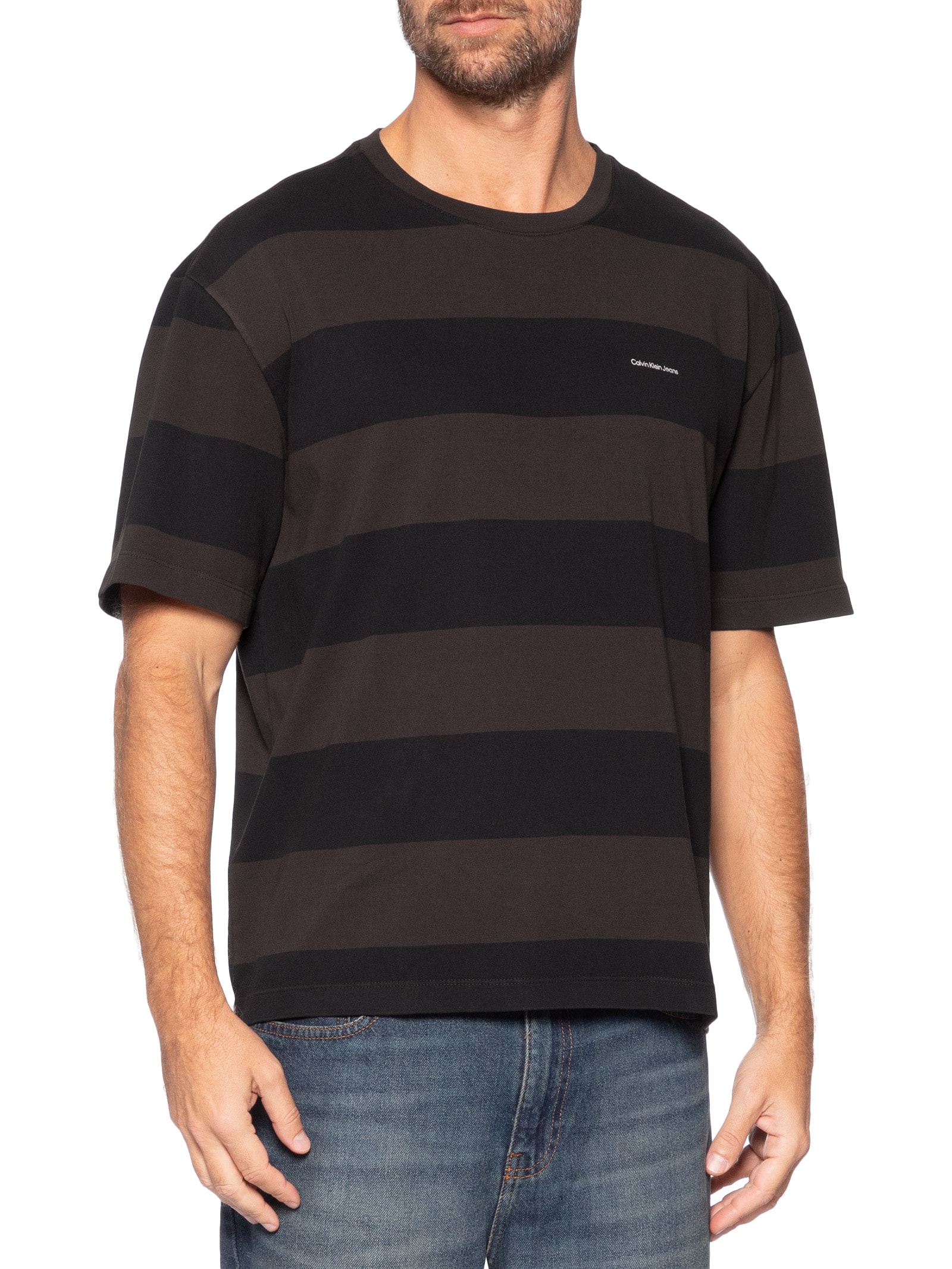 Camiseta Masculina Manga Rugby Listrada Marrom Calvin Klein Jeans