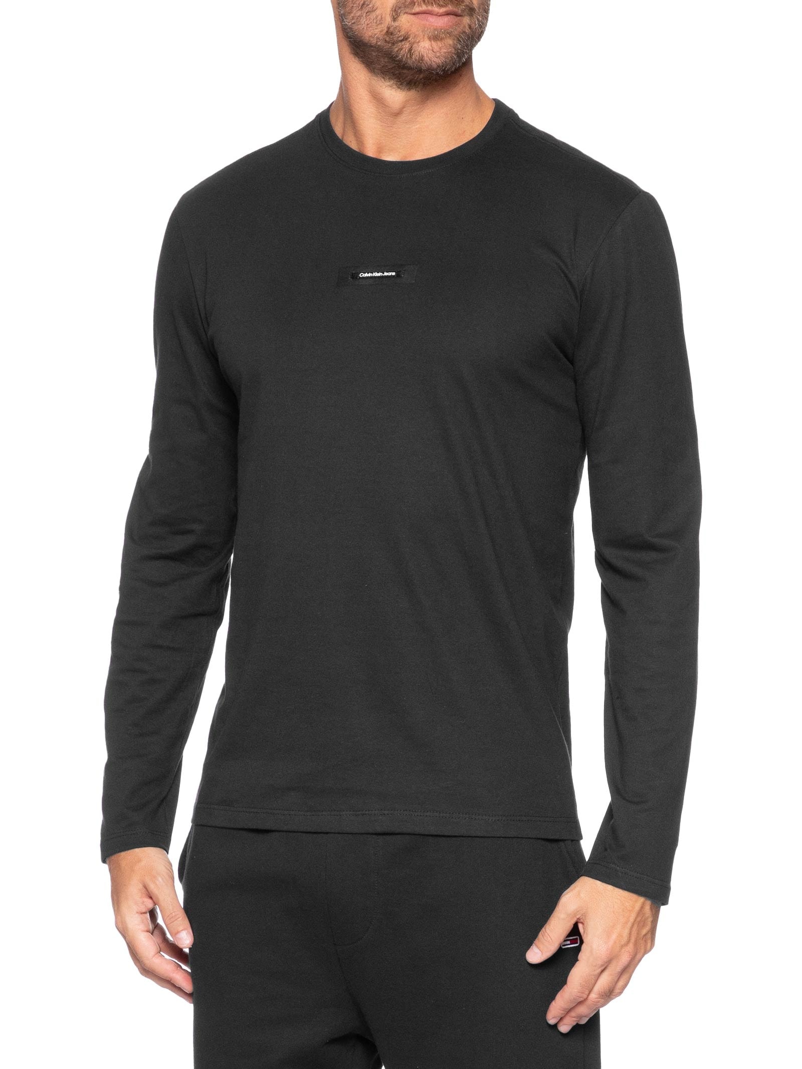 Camiseta Masculina ML Logo Leather Preto Calvin Klein Jeans