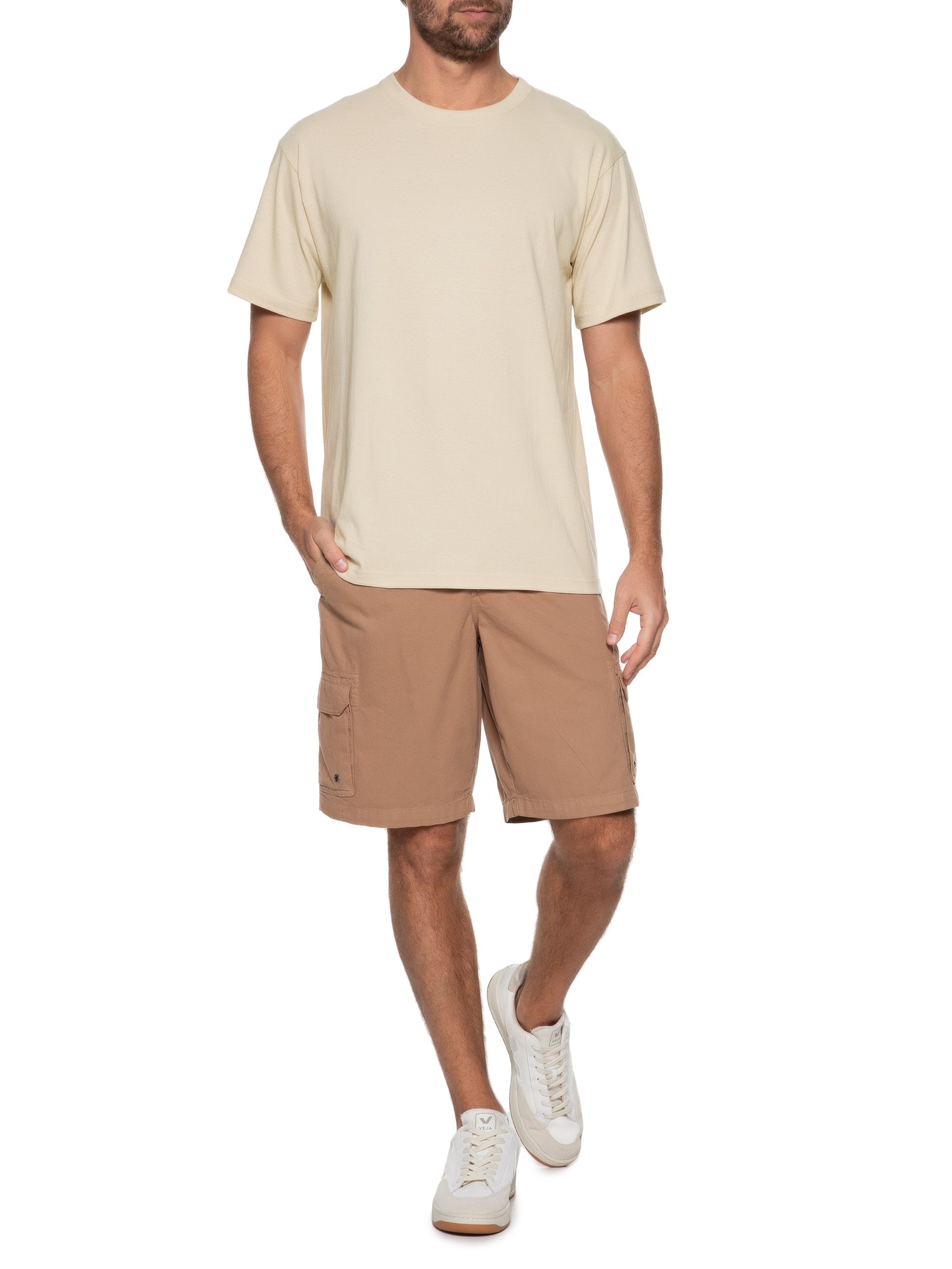 Camiseta Masculina Oversized Gola Redonda Bege Basiq Men