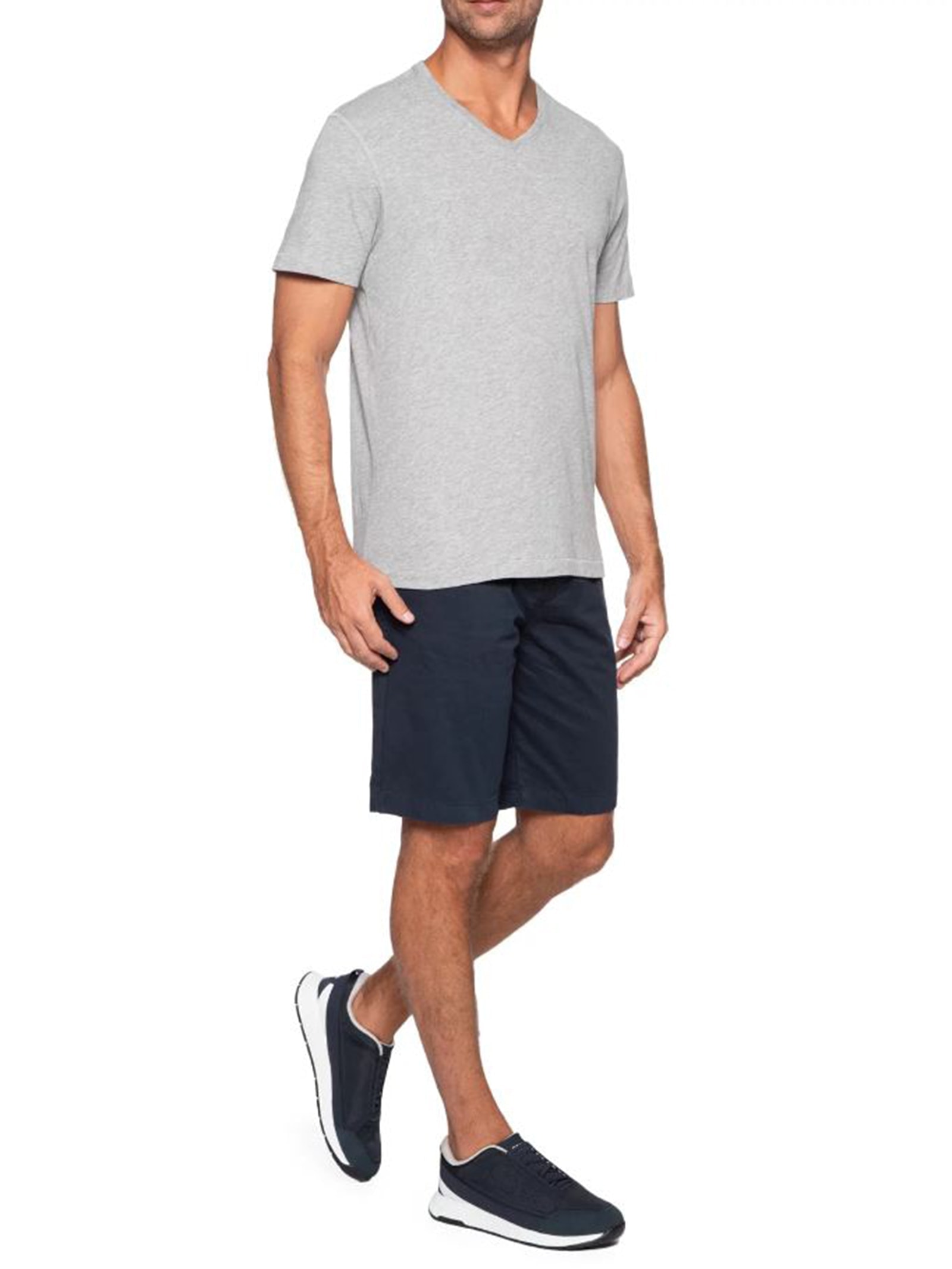 Camiseta Masculina Pima Manga Curta Gola V Regular Fit Cinza '2 Essential
