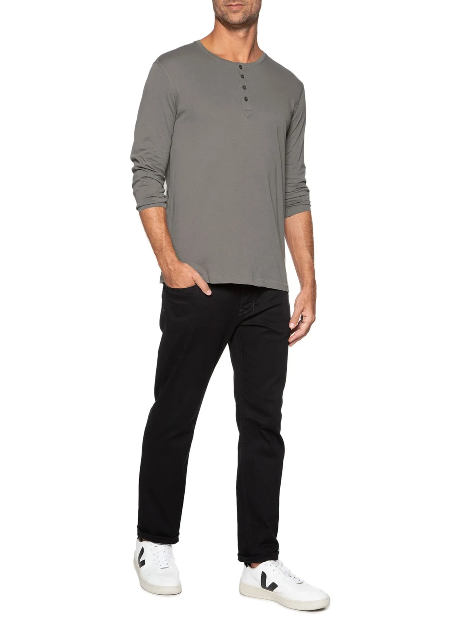 Camiseta Masculina Pima Manga Longa Com Botões Regular Fit Cinza '2 Essential