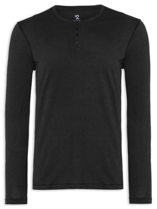 Camiseta Masculina Pima Manga Longa Com Botões Regular Fit – Preto