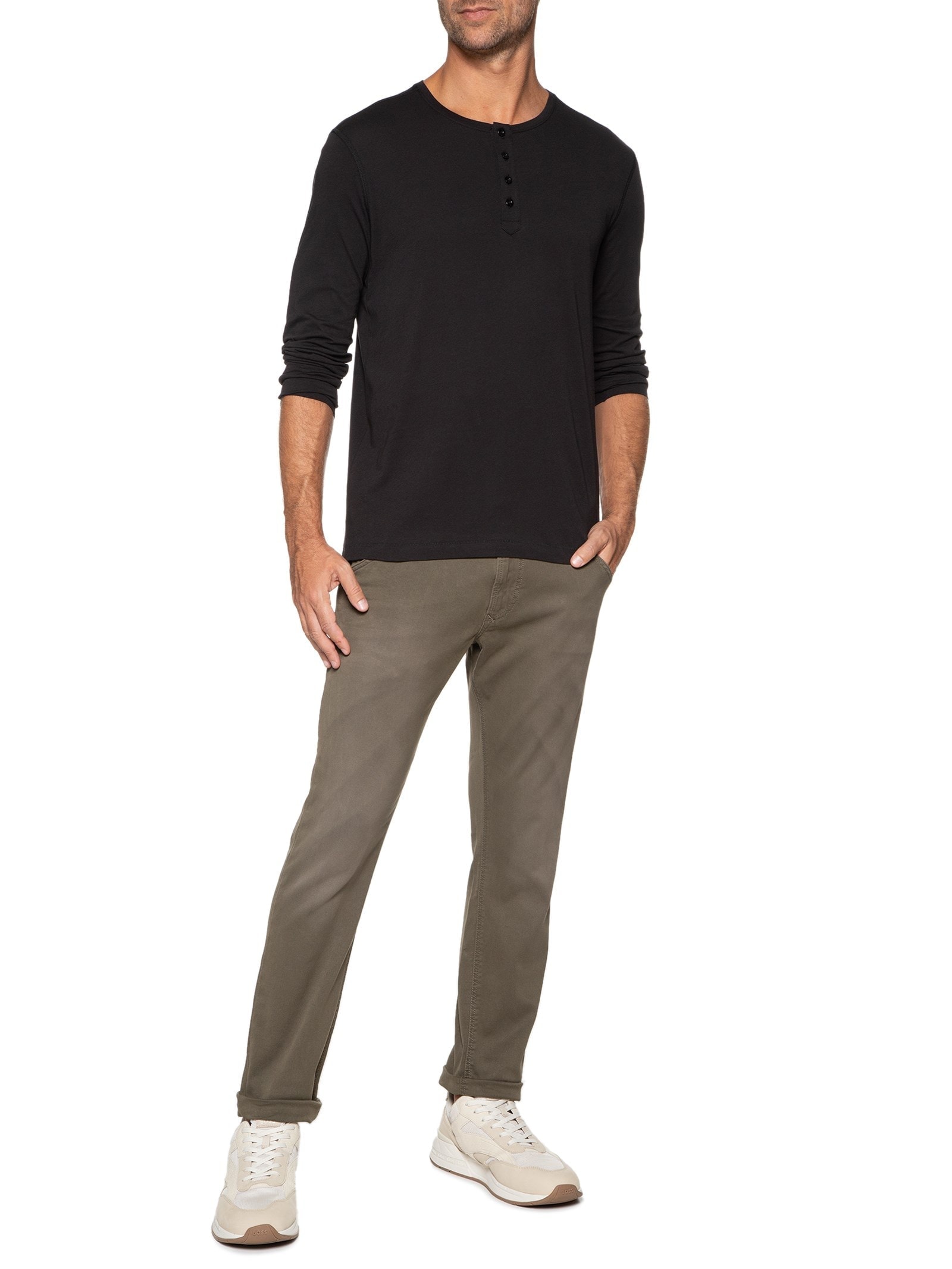Camiseta Masculina Pima Manga Longa Com Botões Regular Fit Preto '2 Essential