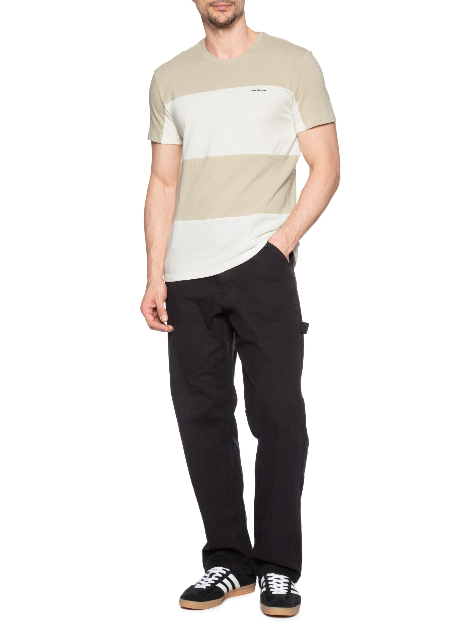 Camiseta Masculina Recorte Listras Bege Calvin Klein Jeans