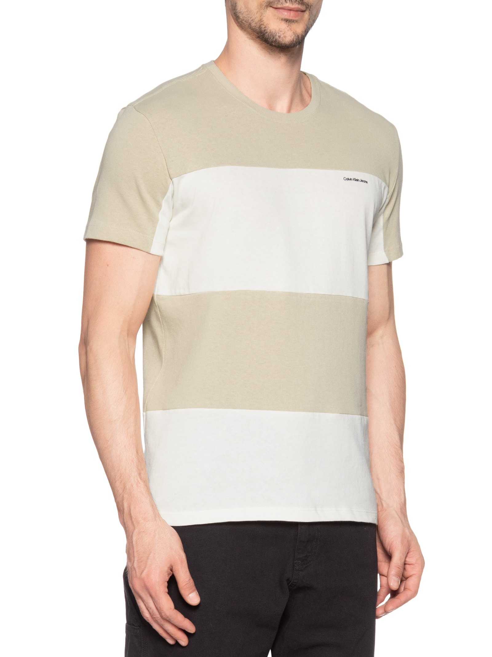 Camiseta Masculina Recorte Listras Bege Calvin Klein Jeans
