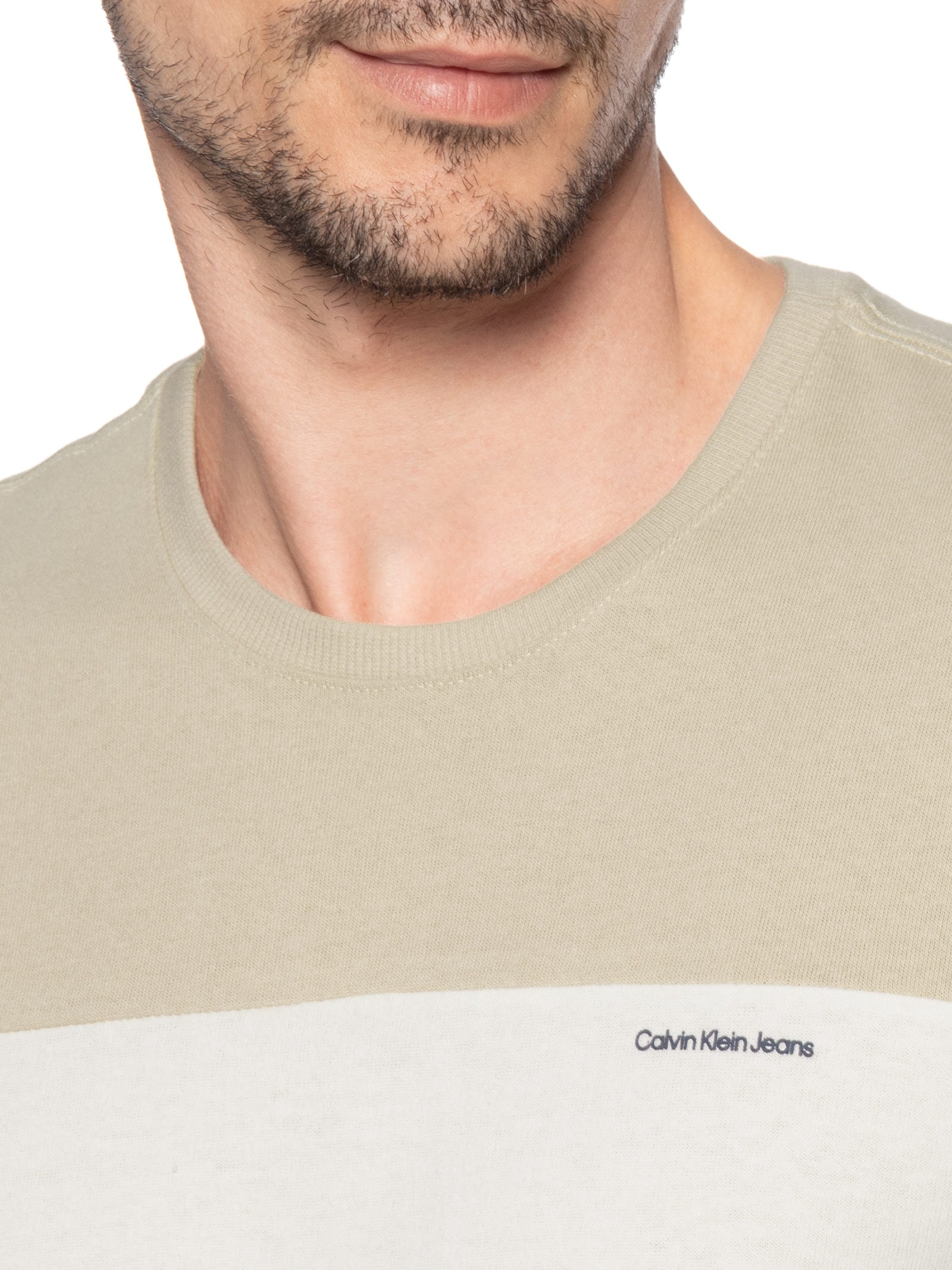 Camiseta Masculina Recorte Listras Bege Calvin Klein Jeans