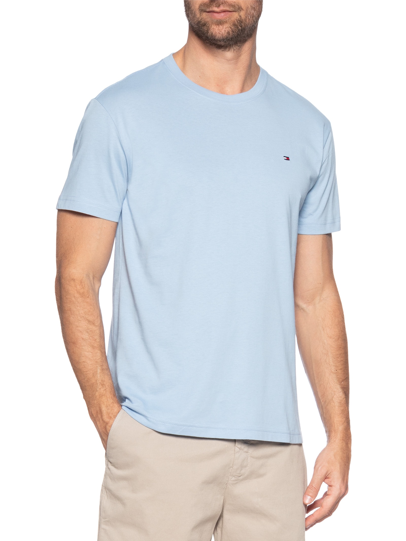 Camiseta Masculina Regular Fit Básica Em Algodão Azul Tommy Hilfiger