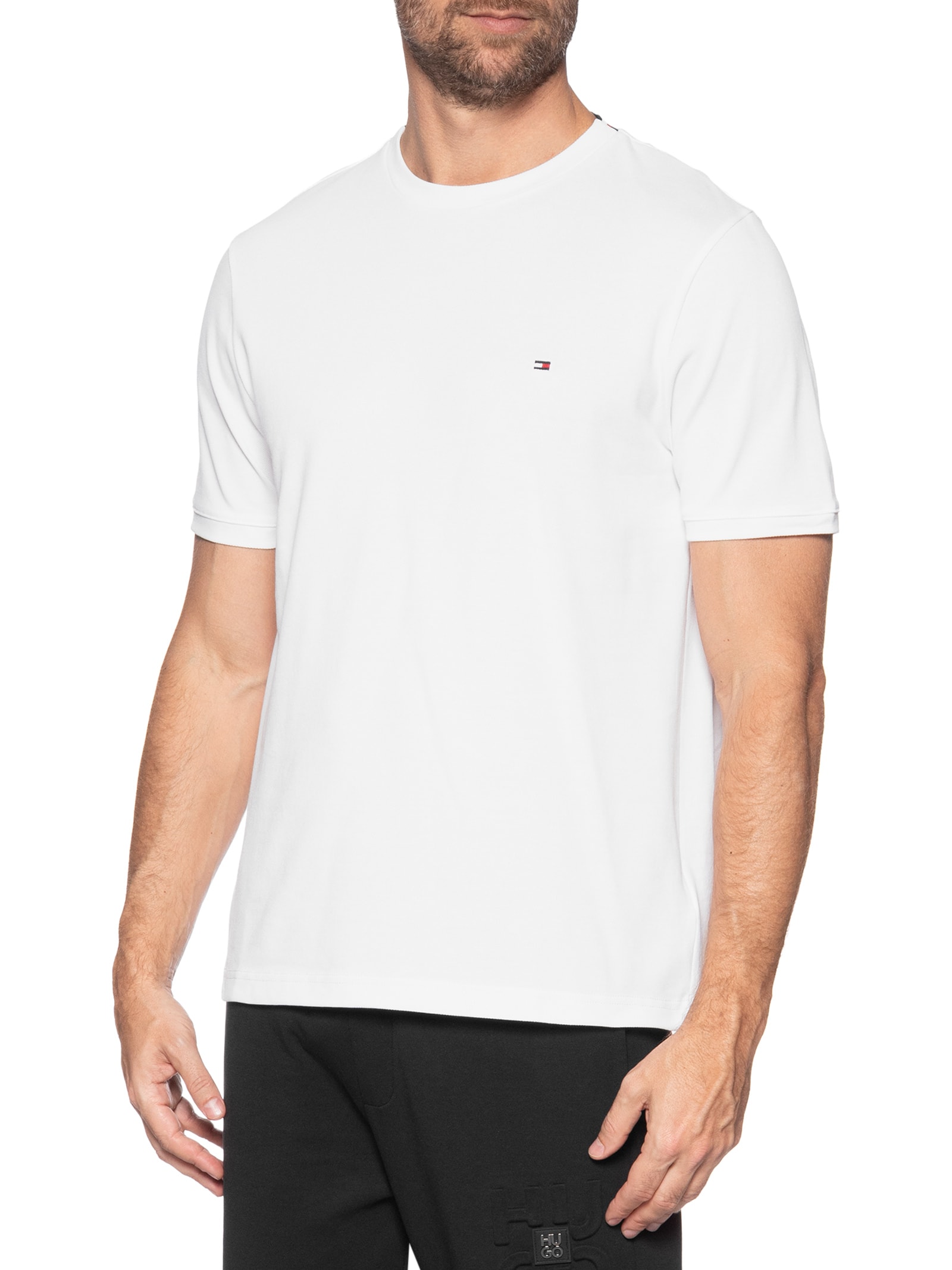 Camiseta Masculina Regular Fit Básica Em Piquet Branco Tommy Hilfiger