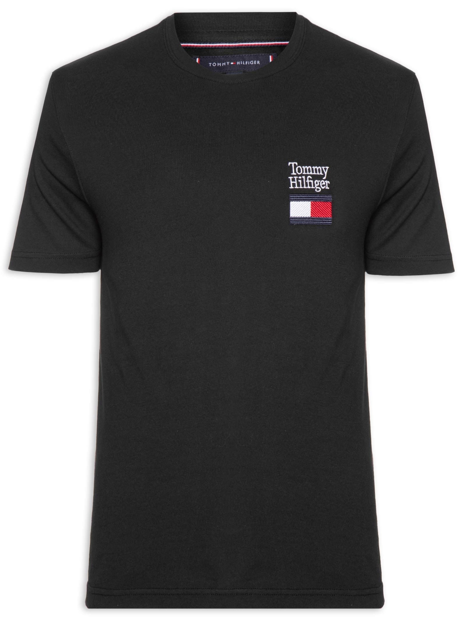 Camiseta Masculina Regular Fit Bordado Tommy Flag Preto Tommy Hilfiger