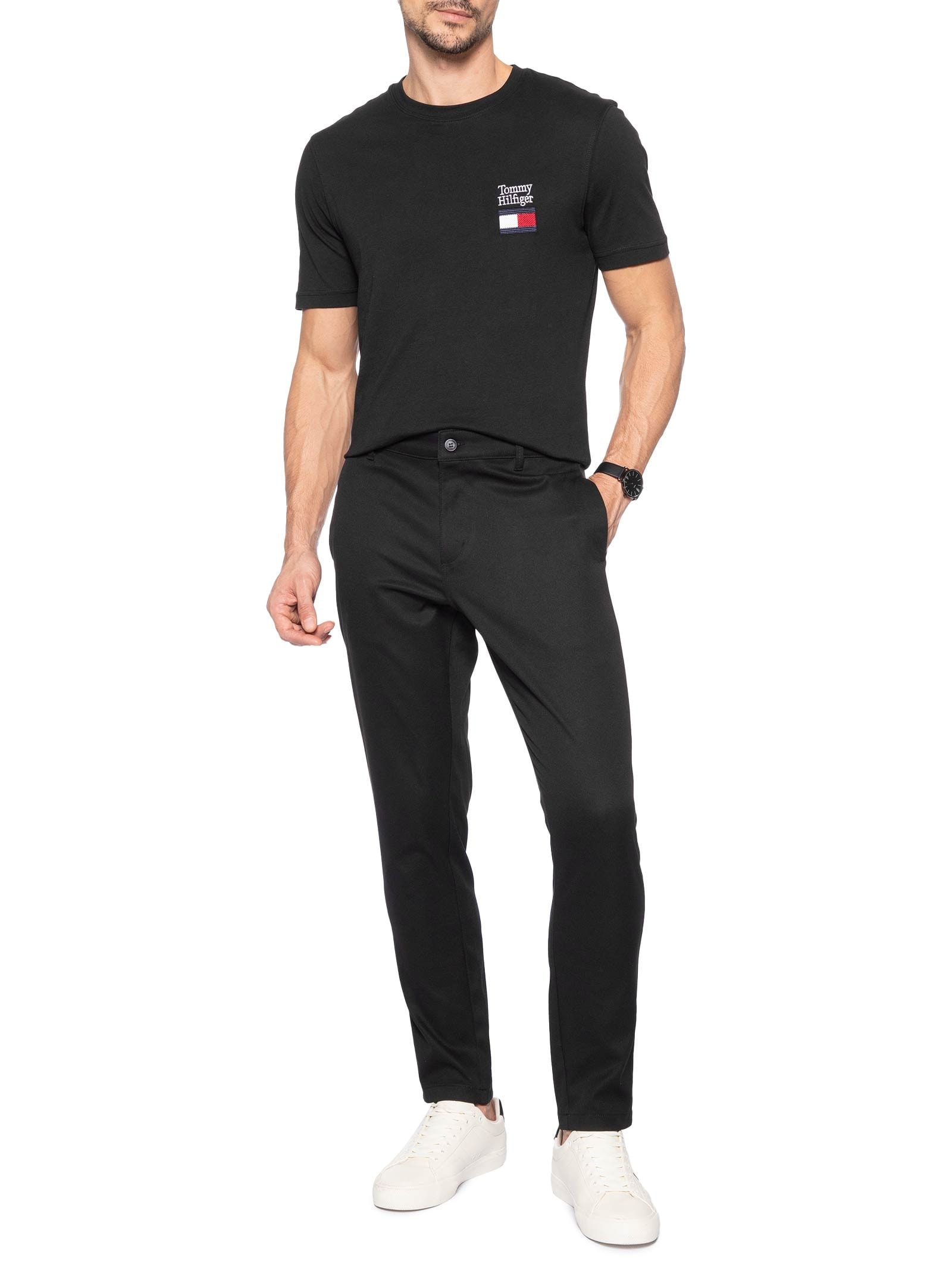 Camiseta Masculina Regular Fit Bordado Tommy Flag Preto Tommy Hilfiger