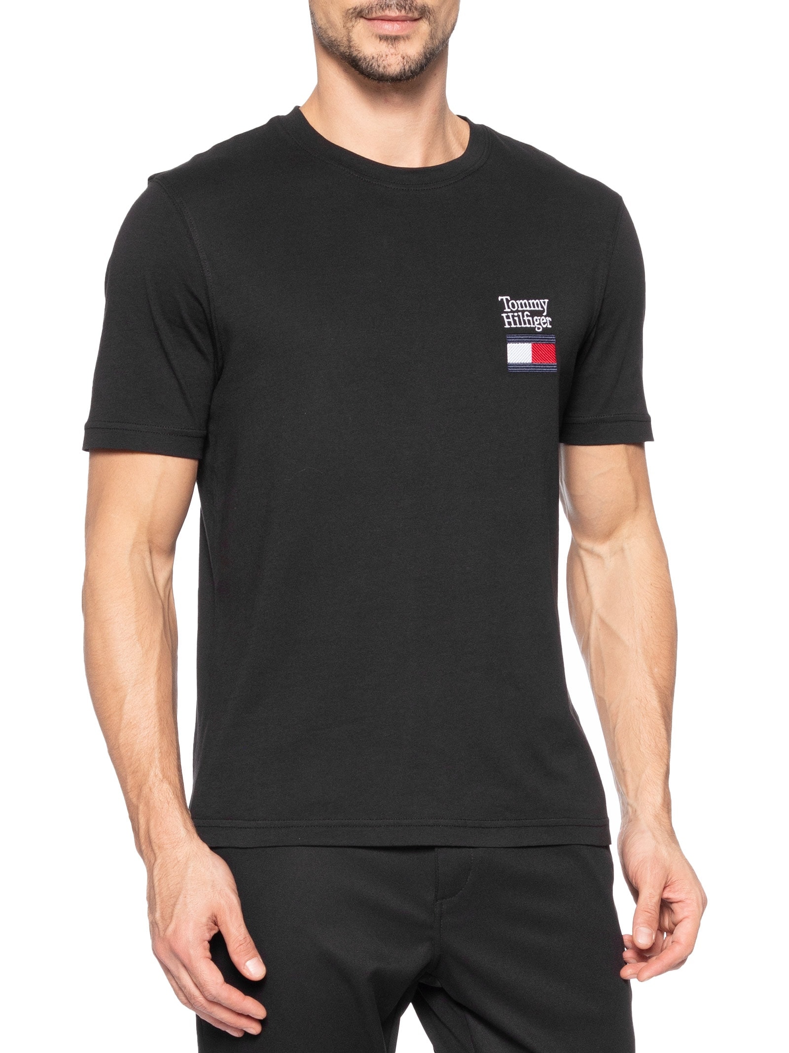 Camiseta Masculina Regular Fit Bordado Tommy Flag Preto Tommy Hilfiger