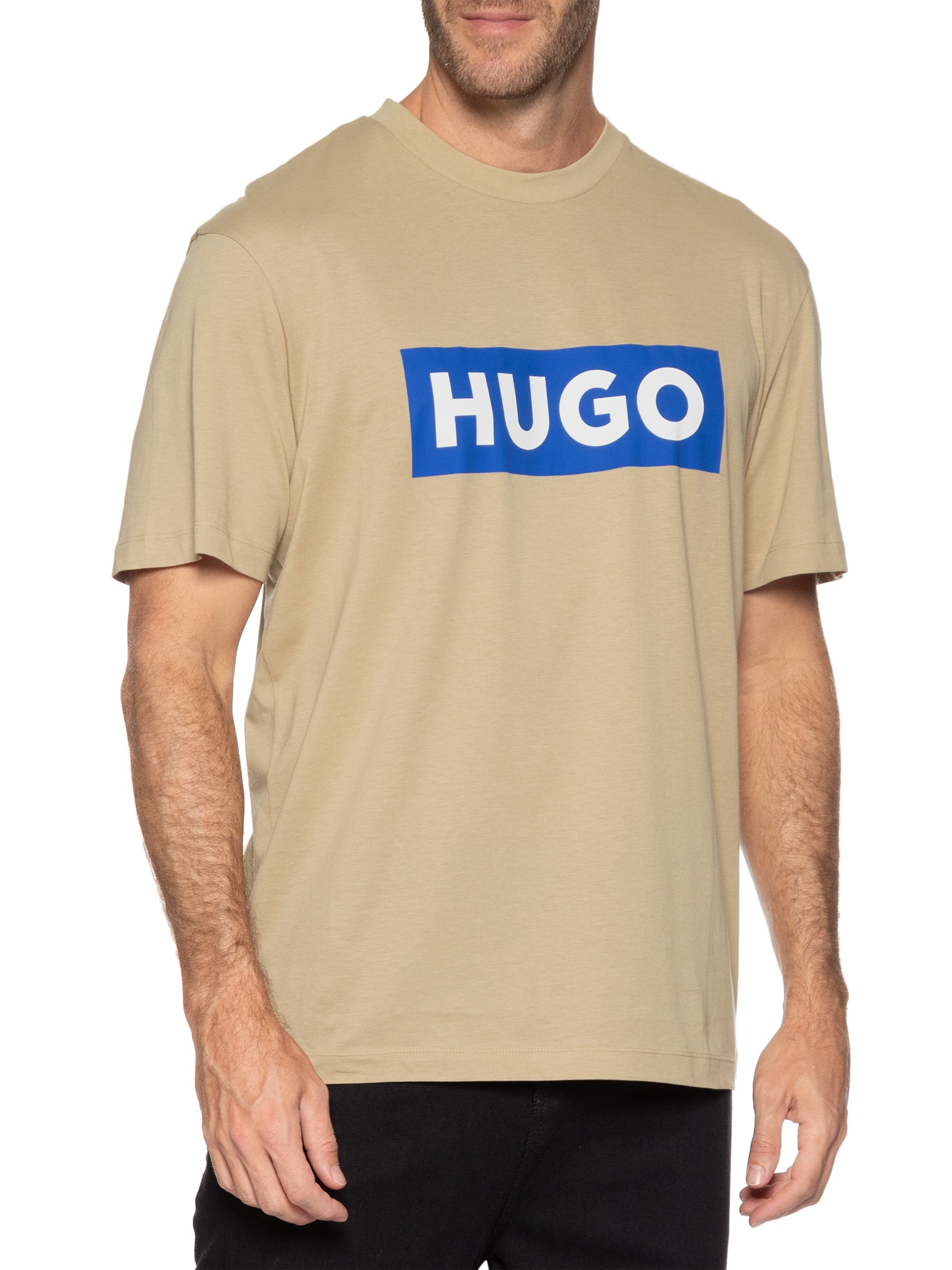 Camiseta Masculina Regular-Fit Crew Neck Blue Logo Bege Hugo