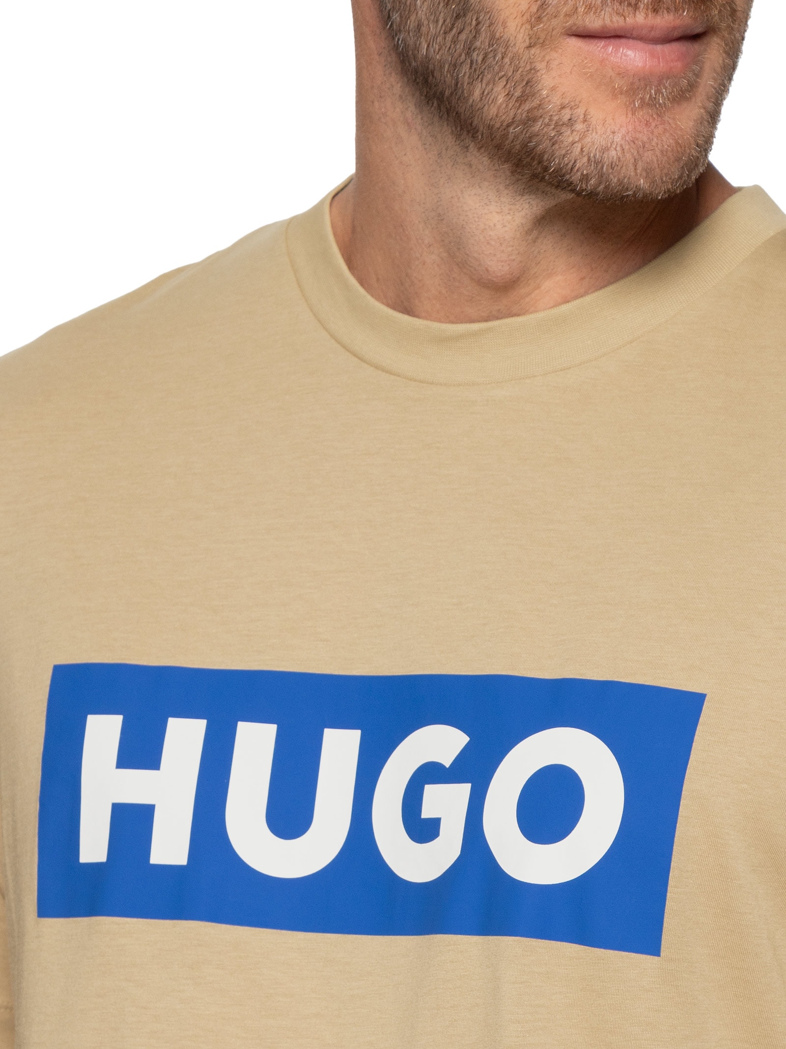 Camiseta Masculina Regular-Fit Crew Neck Blue Logo Bege Hugo