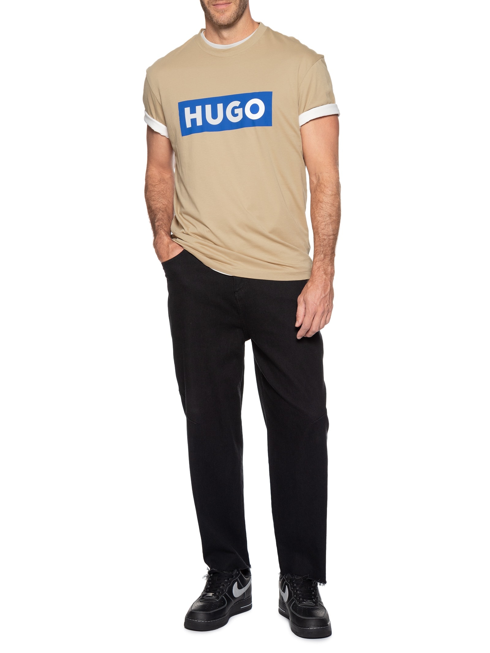 Camiseta Masculina Regular-Fit Crew Neck Blue Logo Bege Hugo