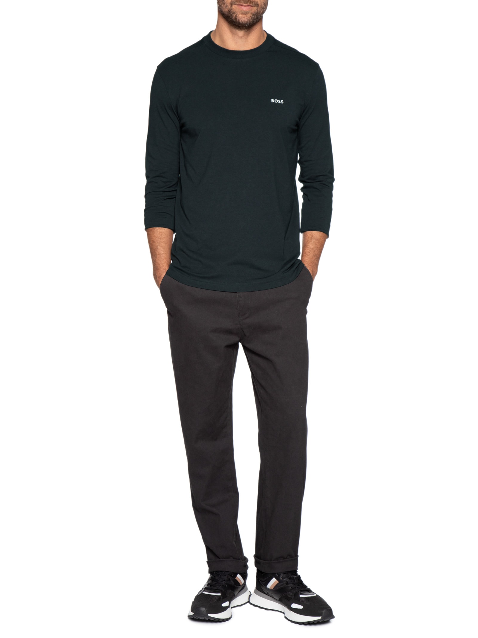 Camiseta Masculina Regular-Fit Crew Neck Tee Long Azul Boss