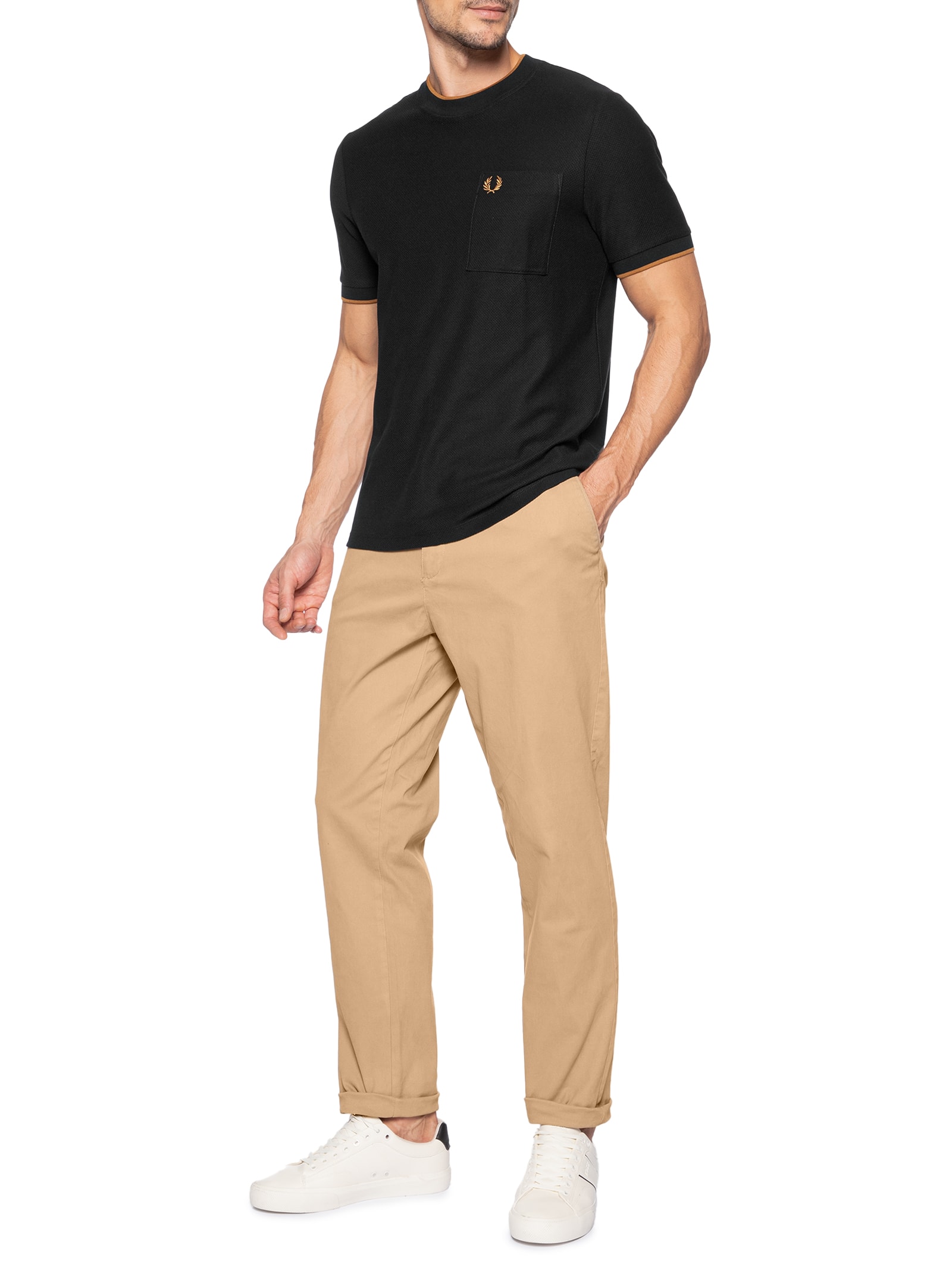 Camiseta Masculina Regular Fit Detalhe Bolso Em Piquet De Algodão Preto Fred Perry