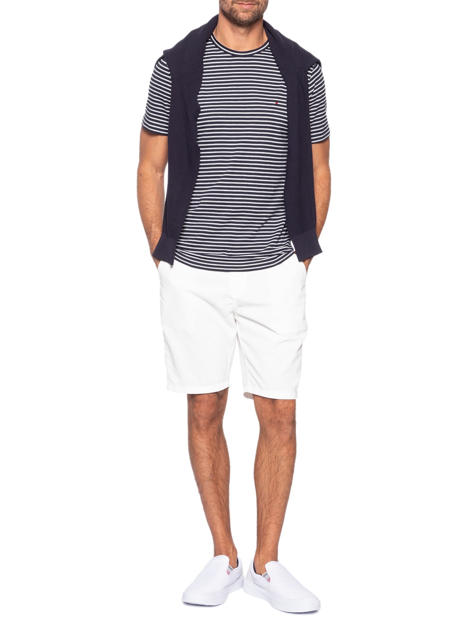 Camiseta Masculina Regular Fit Essential Listrada Azul Tommy Hilfiger