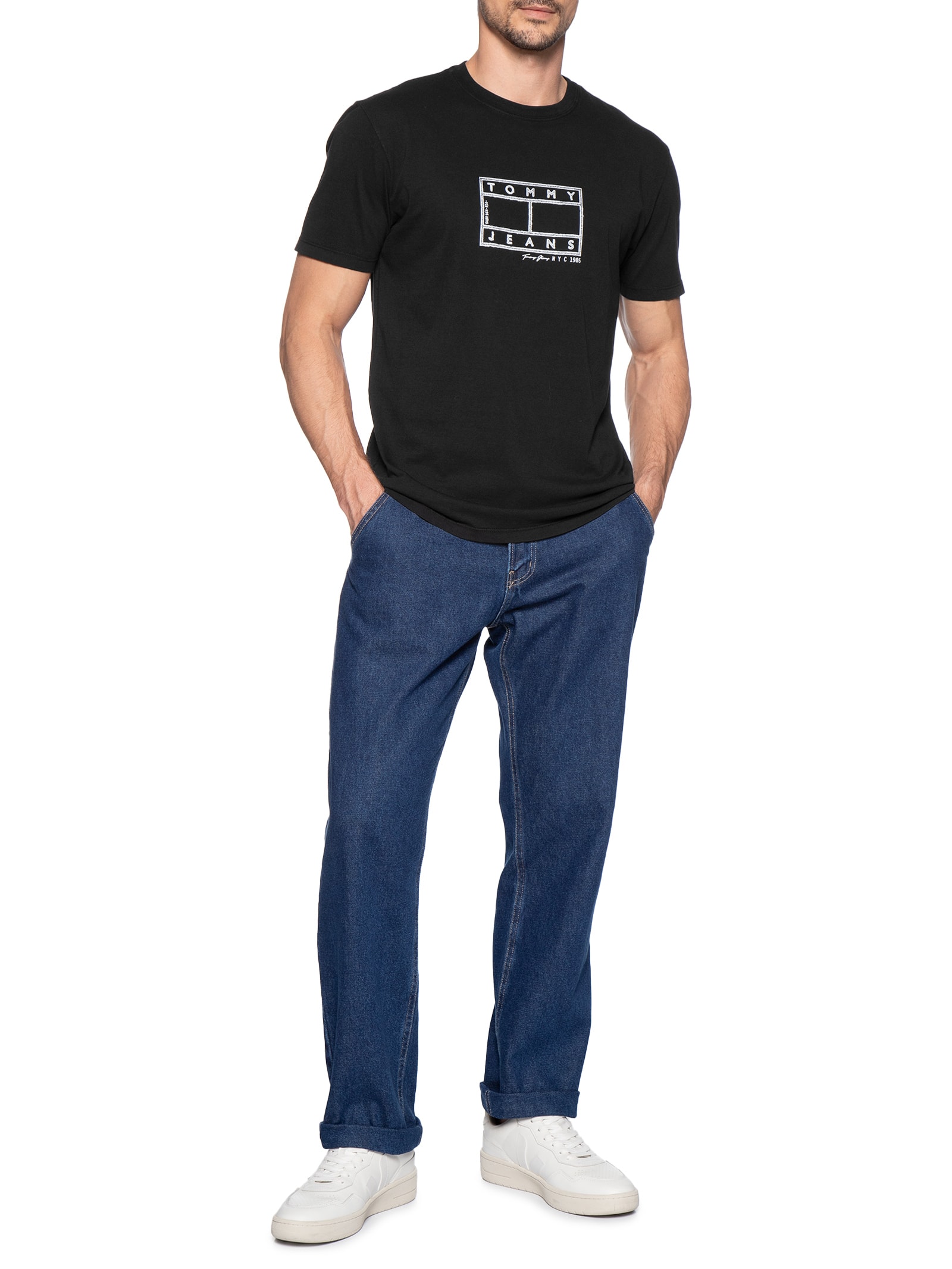 Camiseta Masculina Regular Fit Estampada Center Flag Preto Tommy Jeans