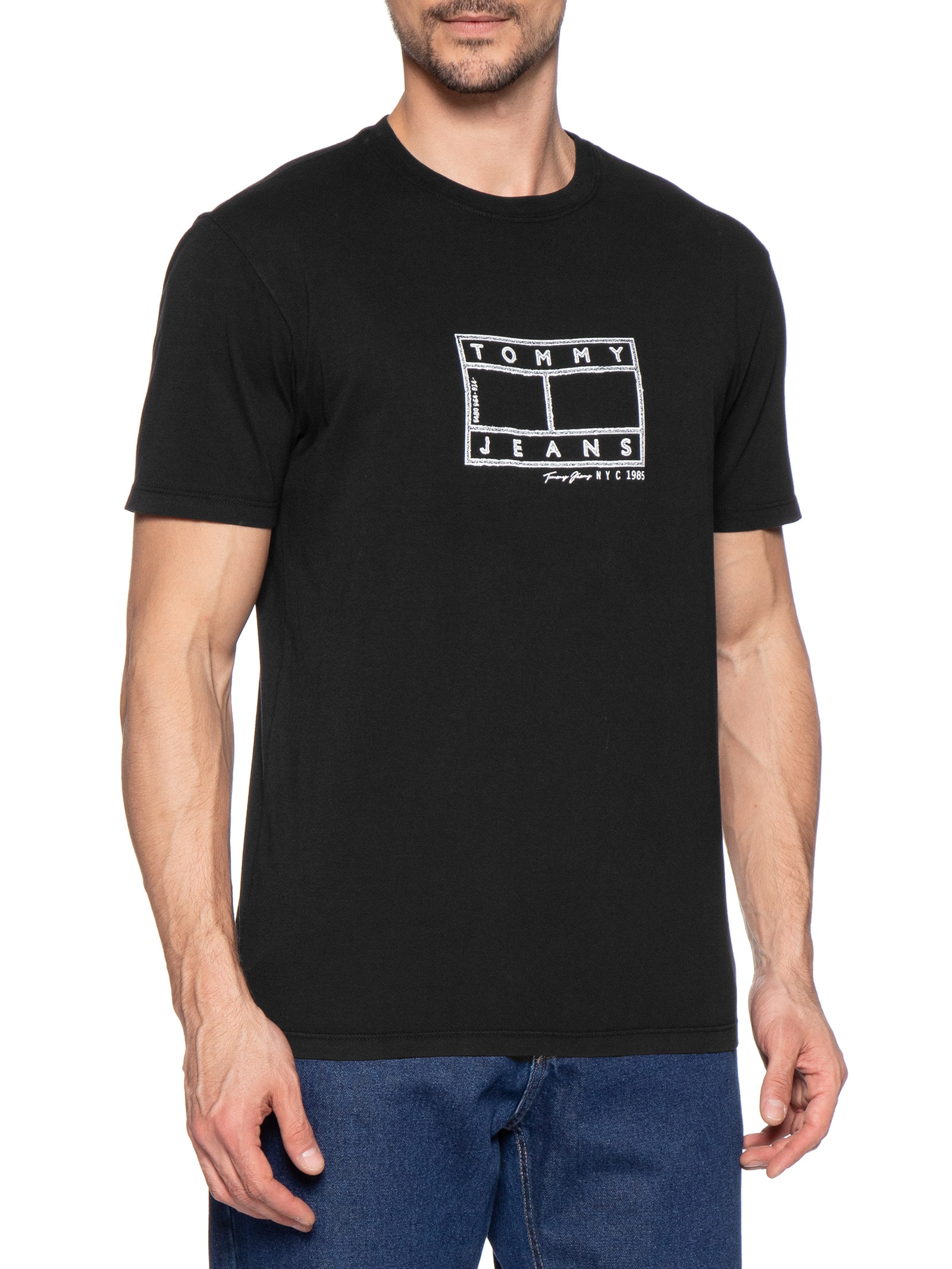 Camiseta Masculina Regular Fit Estampada Center Flag Preto Tommy Jeans