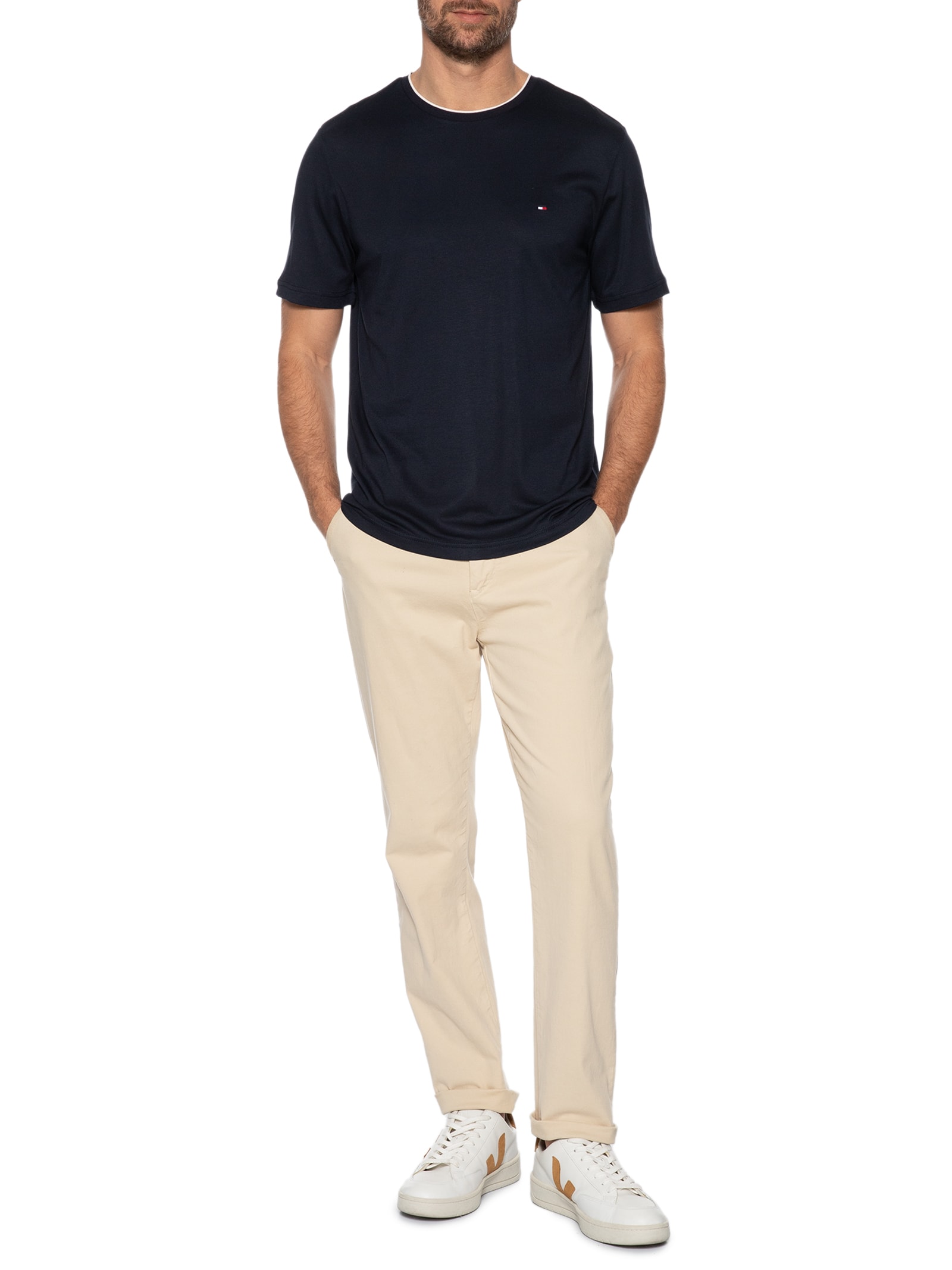 Camiseta Masculina Regular Fit Friso Gola Em Modal Sustentável Azul Tommy Hilfiger