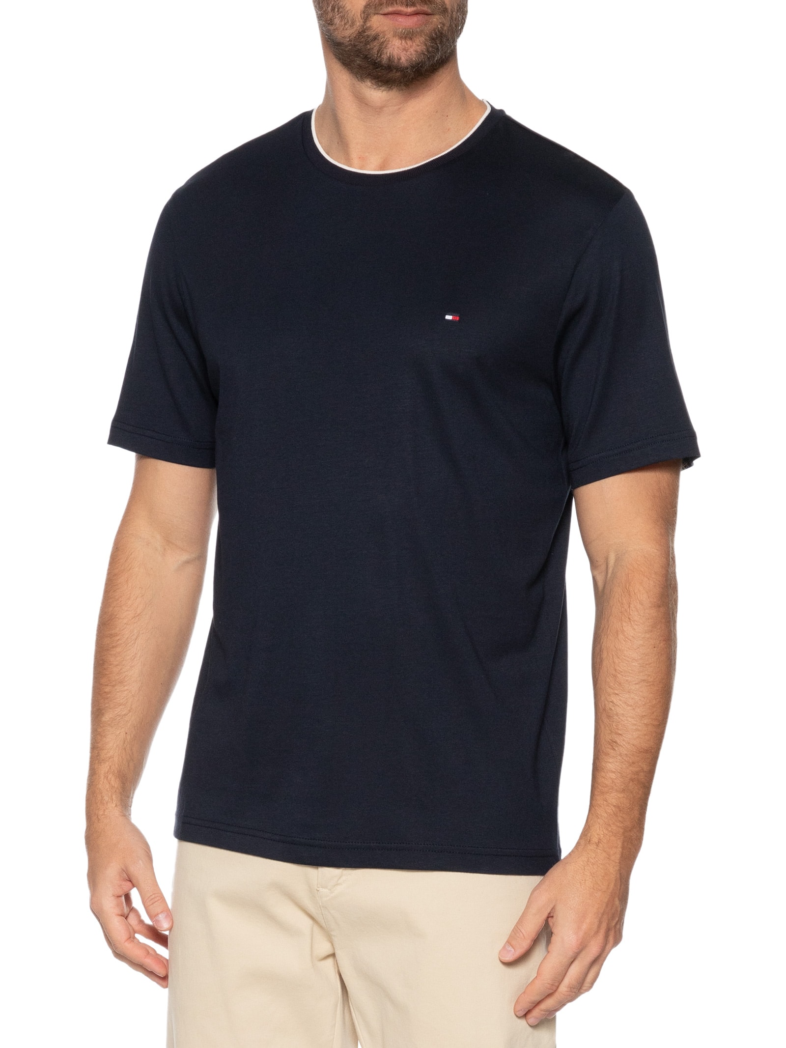 Camiseta Masculina Regular Fit Friso Gola Em Modal Sustentável Azul Tommy Hilfiger