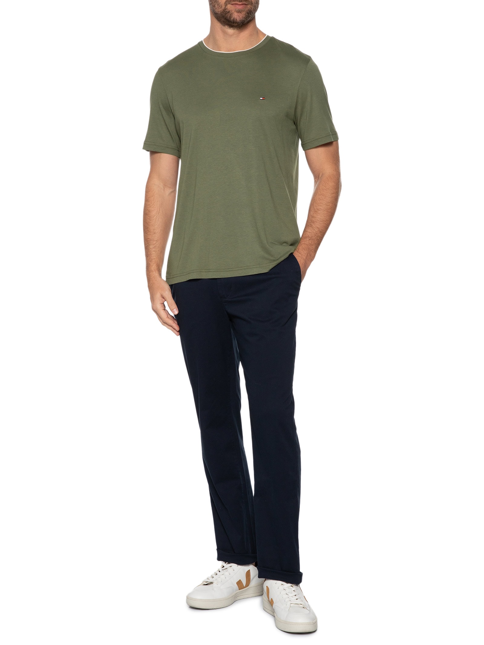 Camiseta Masculina Regular Fit Friso Gola Em Modal Sustentável Verde Tommy Hilfiger
