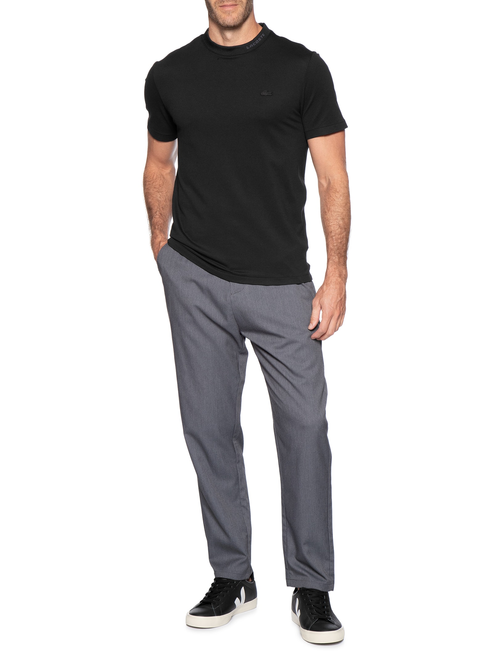 Camiseta Masculina Regular Fit Gola Jacquard Ultra Light Piquet Preto Lacoste