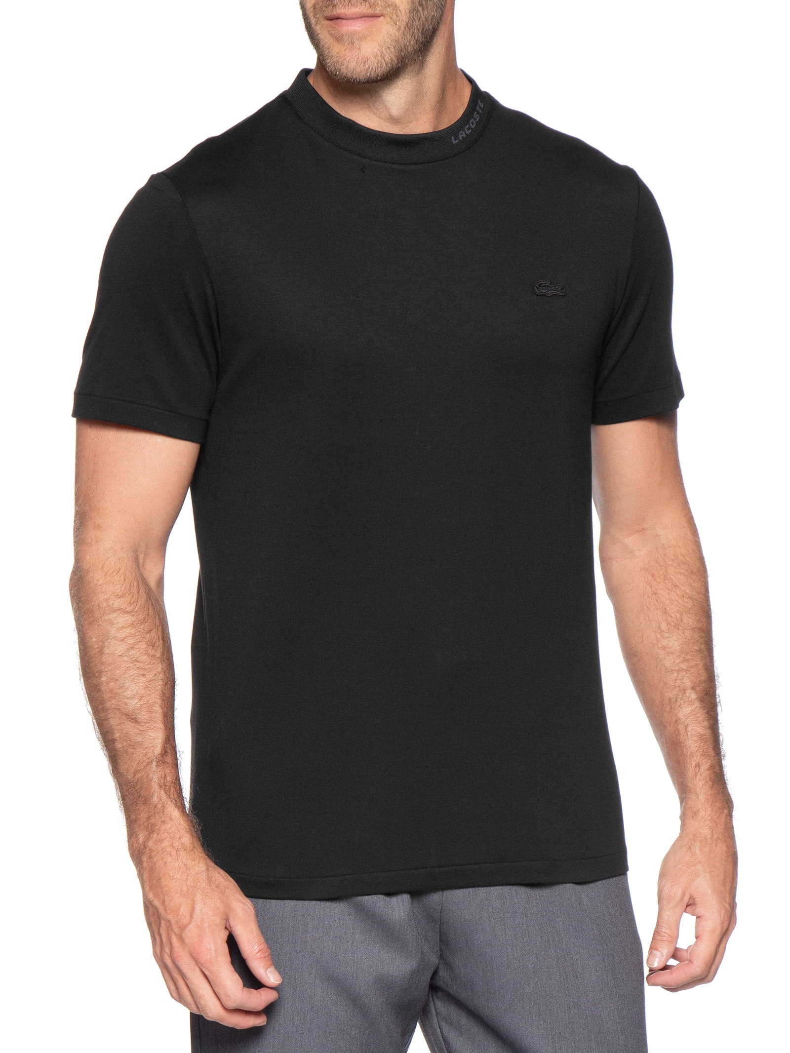Camiseta Masculina Regular Fit Gola Jacquard Ultra Light Piquet Preto Lacoste