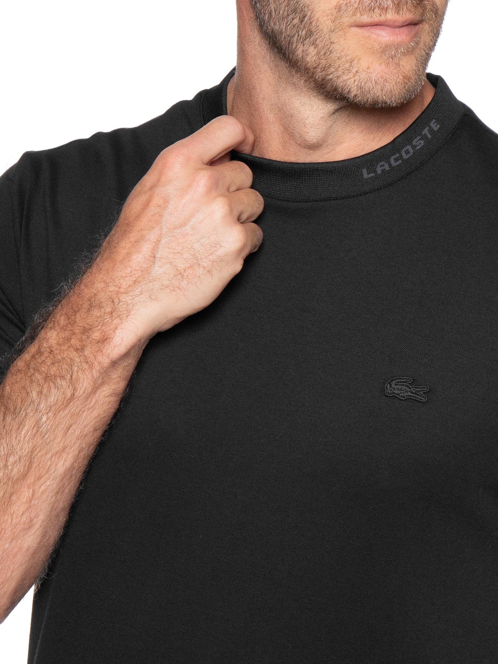Camiseta Masculina Regular Fit Gola Jacquard Ultra Light Piquet Preto Lacoste