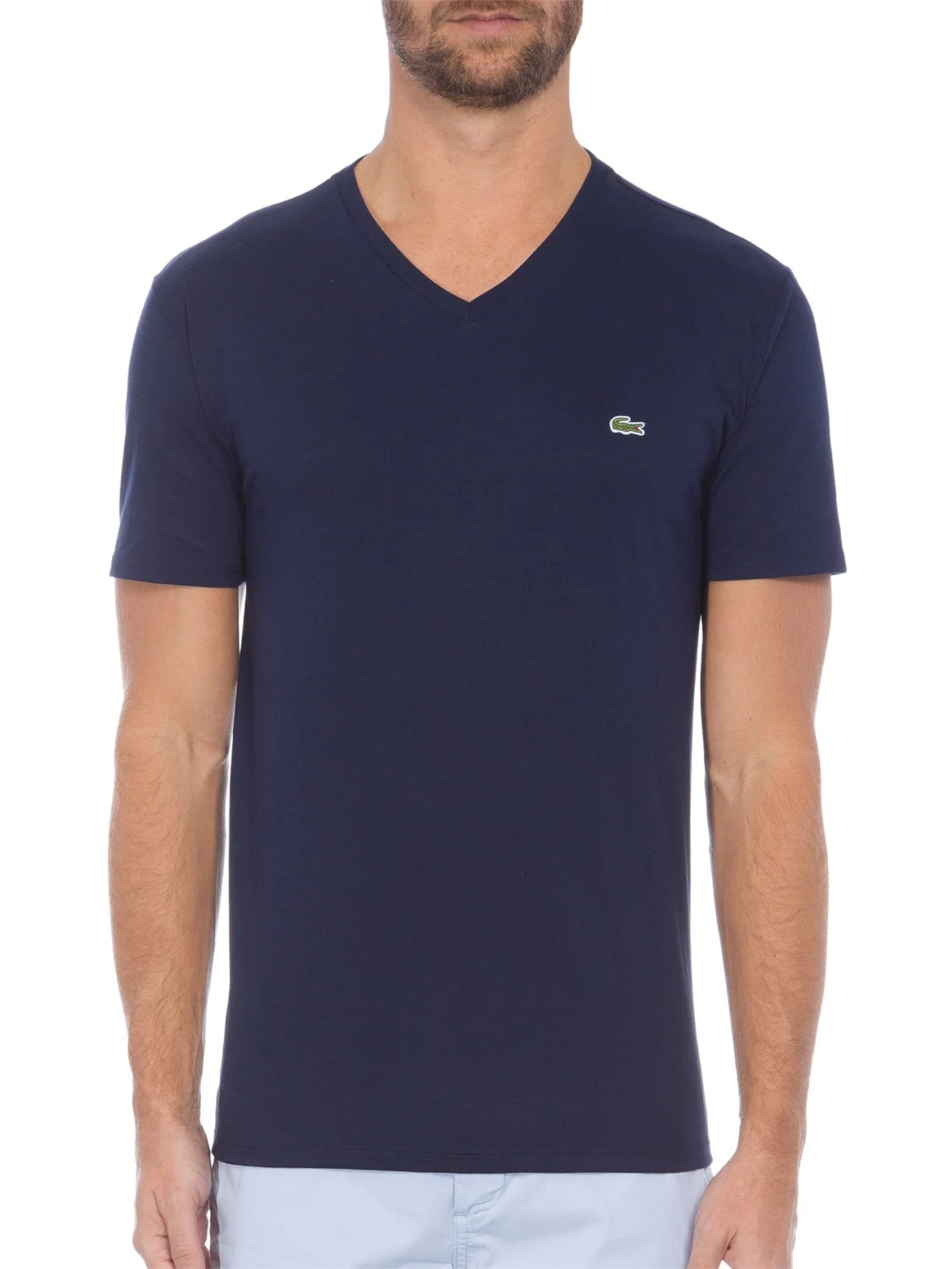 Camiseta Masculina Regular Fit Gola V Em Algodão Pima Azul Lacoste