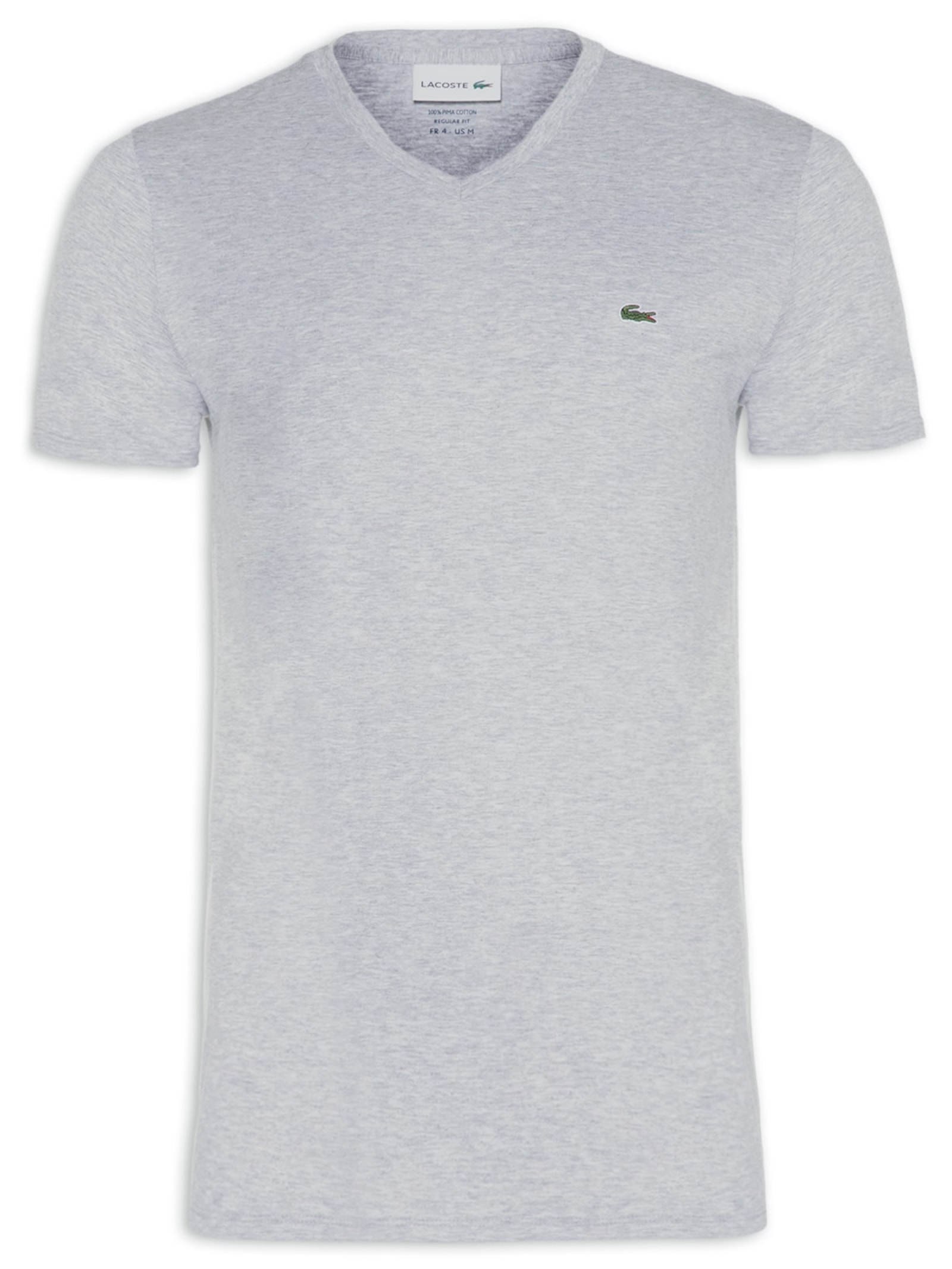 Camiseta Masculina Regular Fit Gola V Em Algodão Pima Cinza Lacoste